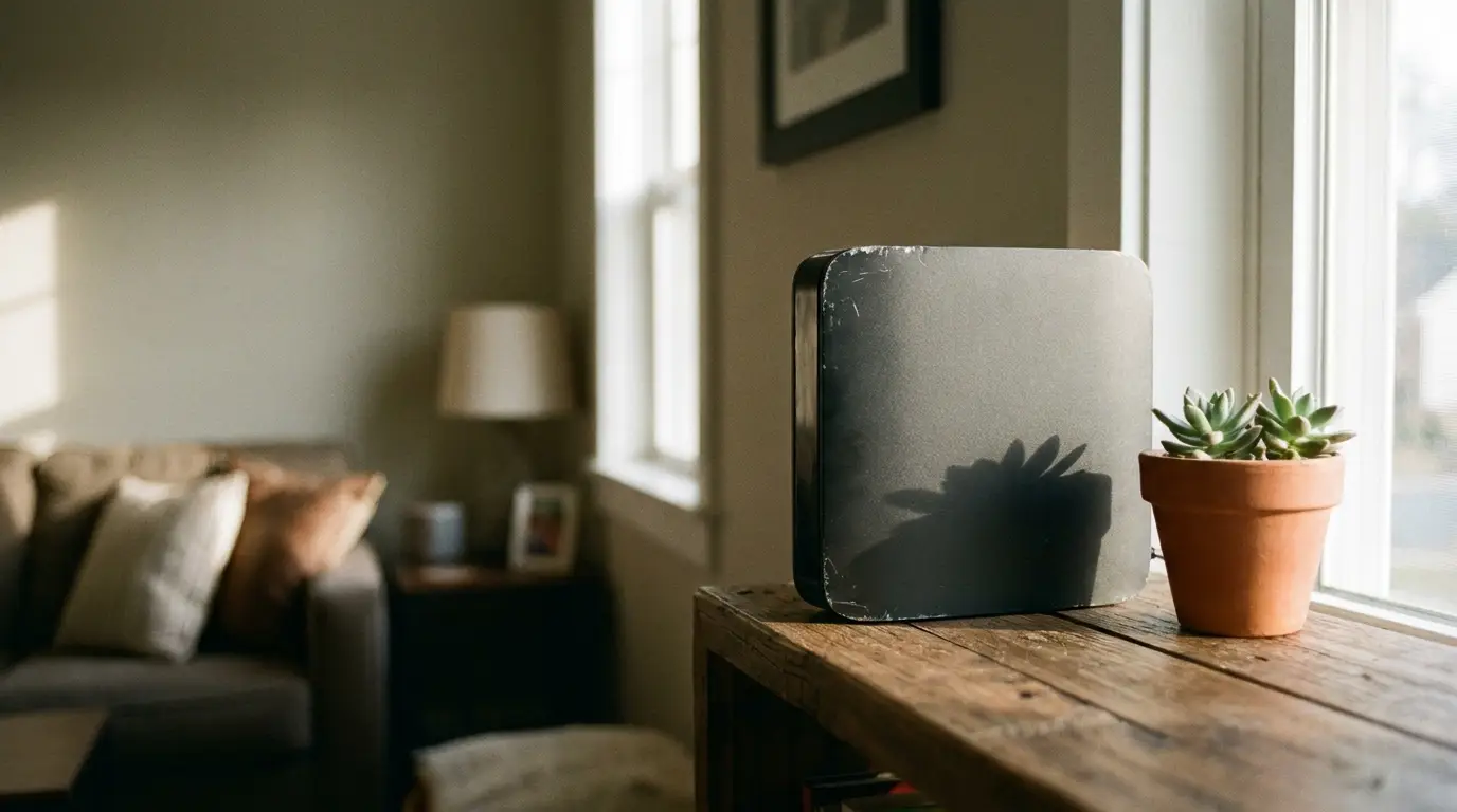Router and potted succulent on wooden shelf in cozy living room with natural light