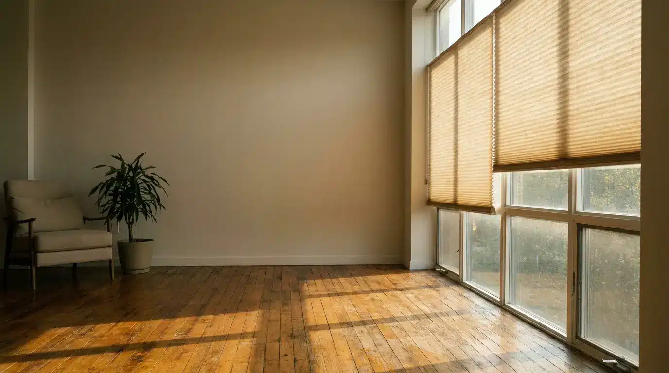Minimalist living room with beige armchair and potted plant, sunlight streaming through blinds