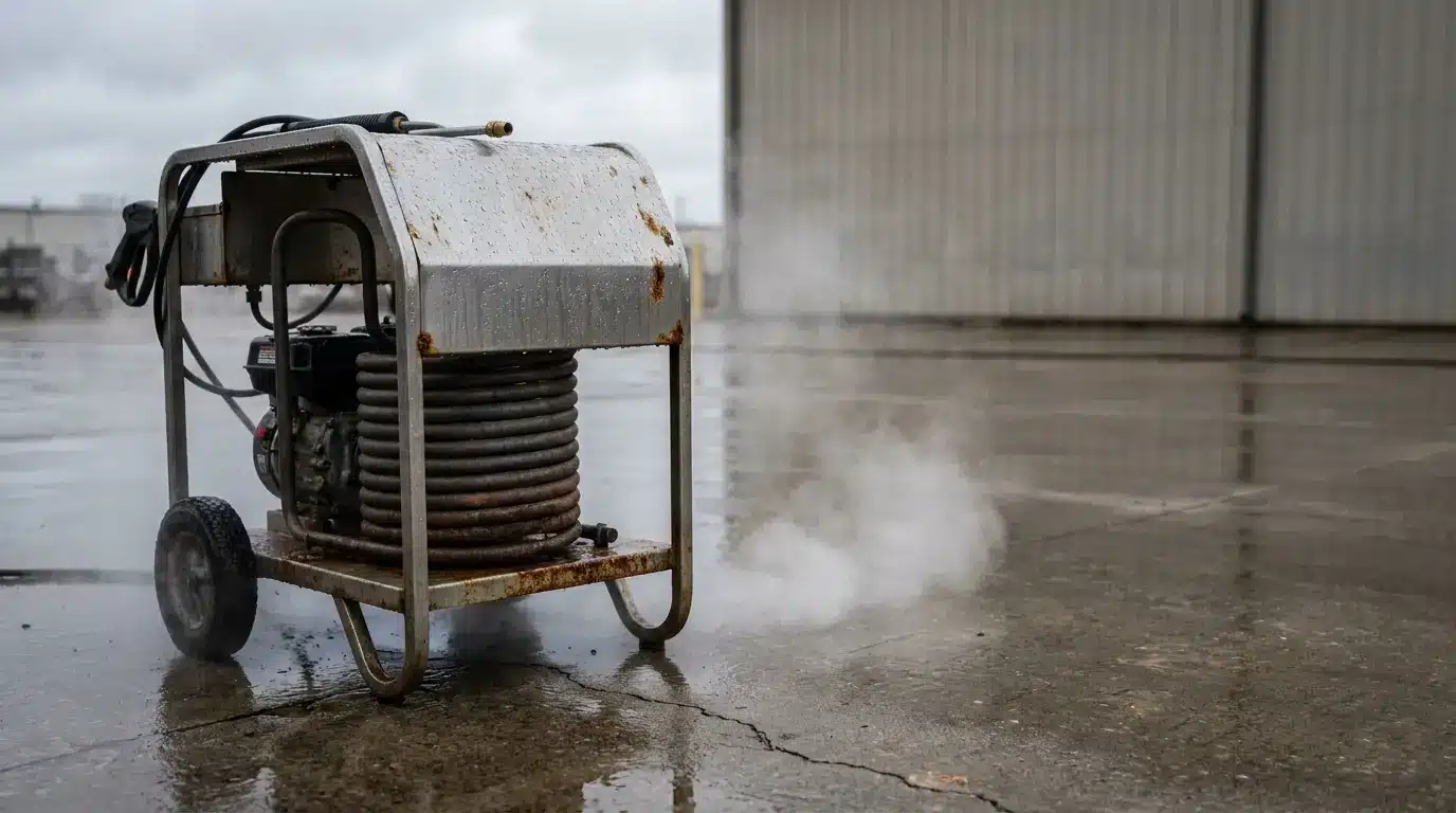 Rusty industrial pressure washer emitting steam on wet concrete in overcast outdoor setting