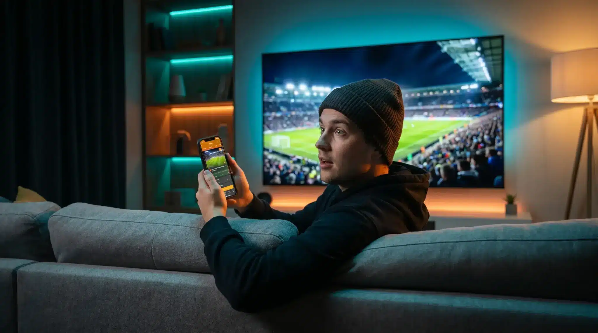 Man on couch using smartphone while watching soccer on large TV in modern living room