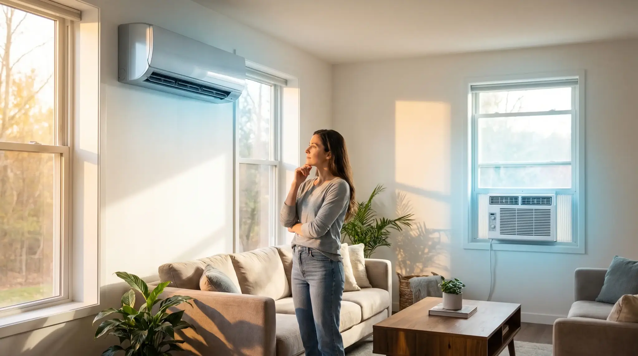 Woman contemplating air conditioning unit in sunlit living room with couch and houseplants