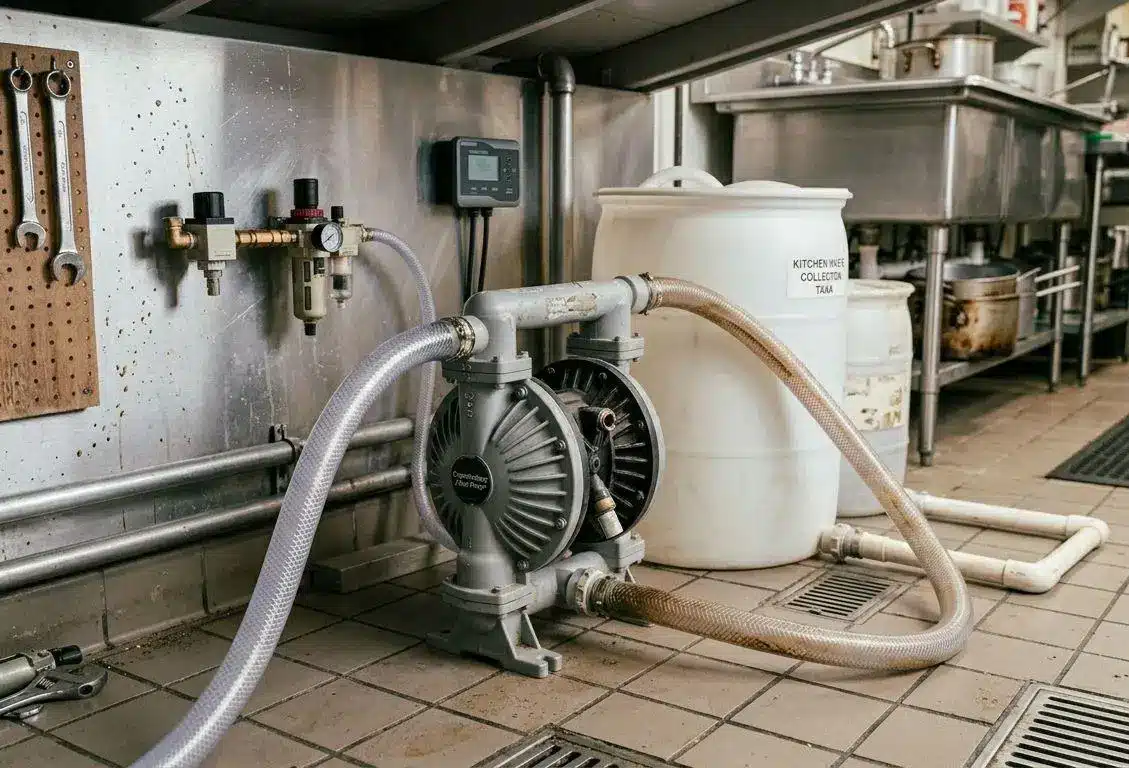 Industrial kitchen water pump system connected to white collection tank on tiled floor
