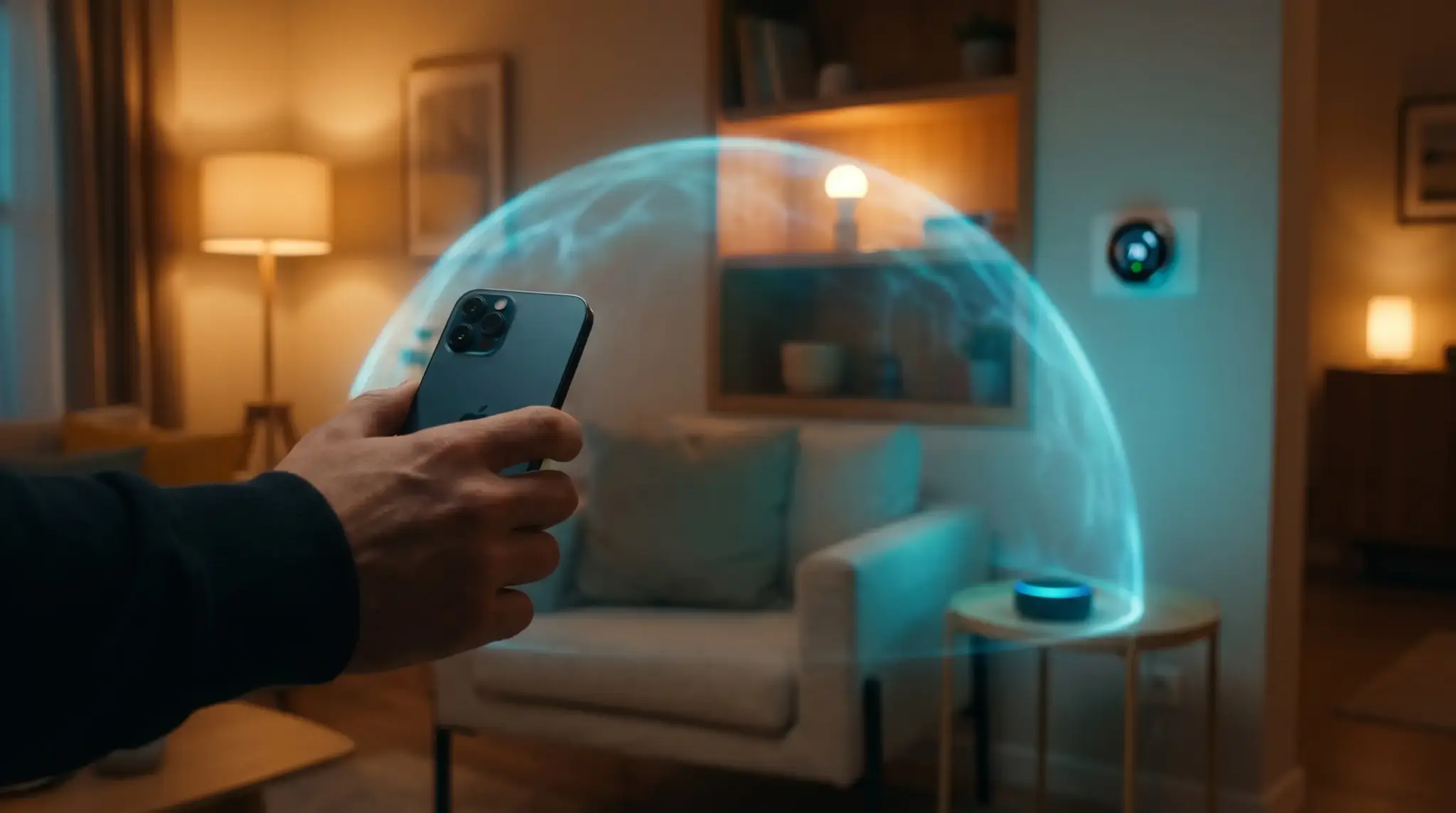 Hand holding smartphone with glowing holographic interface in cozy living room setting