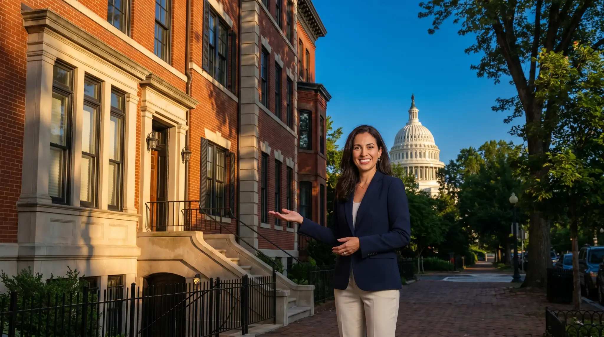 Woman in navy blazer gesturing towards brick townhouse with Capitol building in background