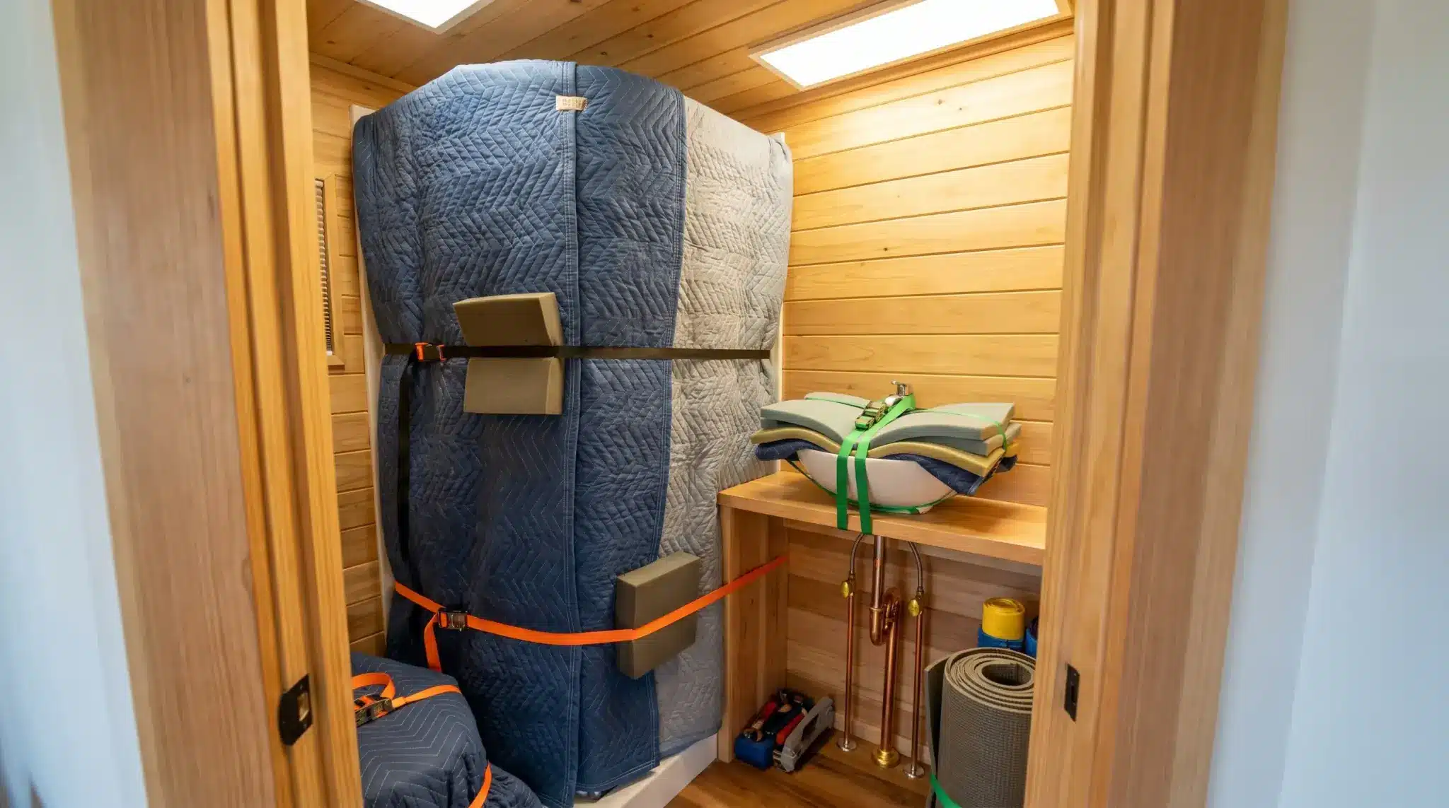 Large appliance wrapped in blue moving blankets in wooden paneled room with tools and materials