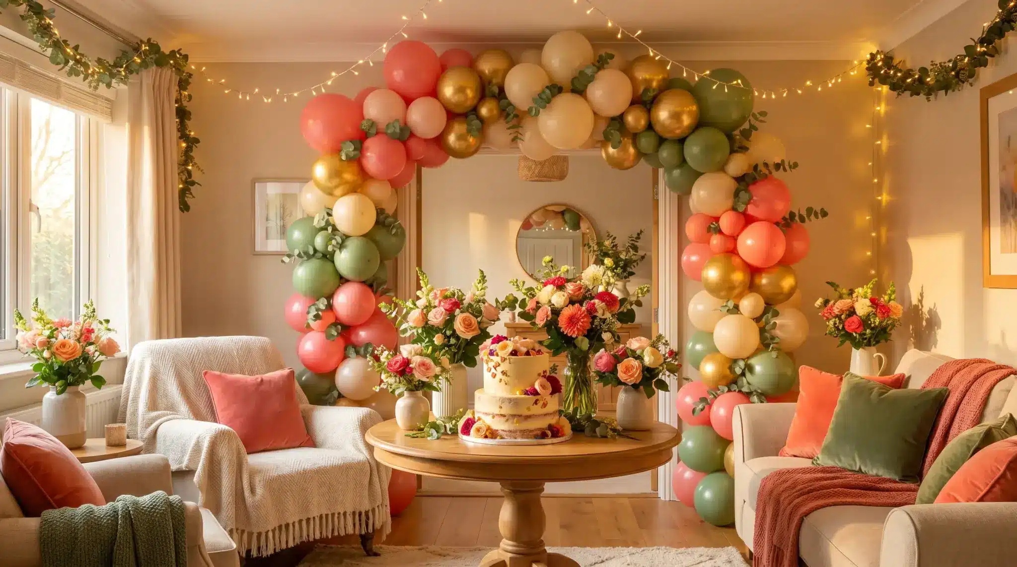 Festive living room with colorful balloon arch, flower bouquets, and two-tier cake on wooden table