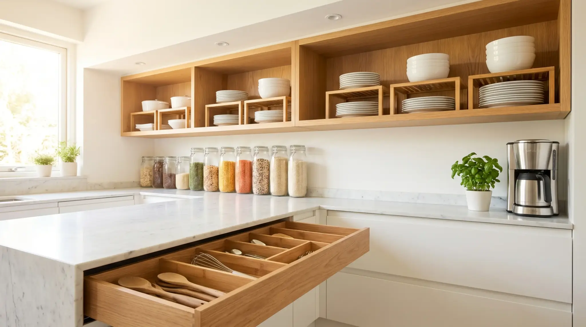 Modern kitchen with open shelves, organized pantry jars, and open drawer with utensils