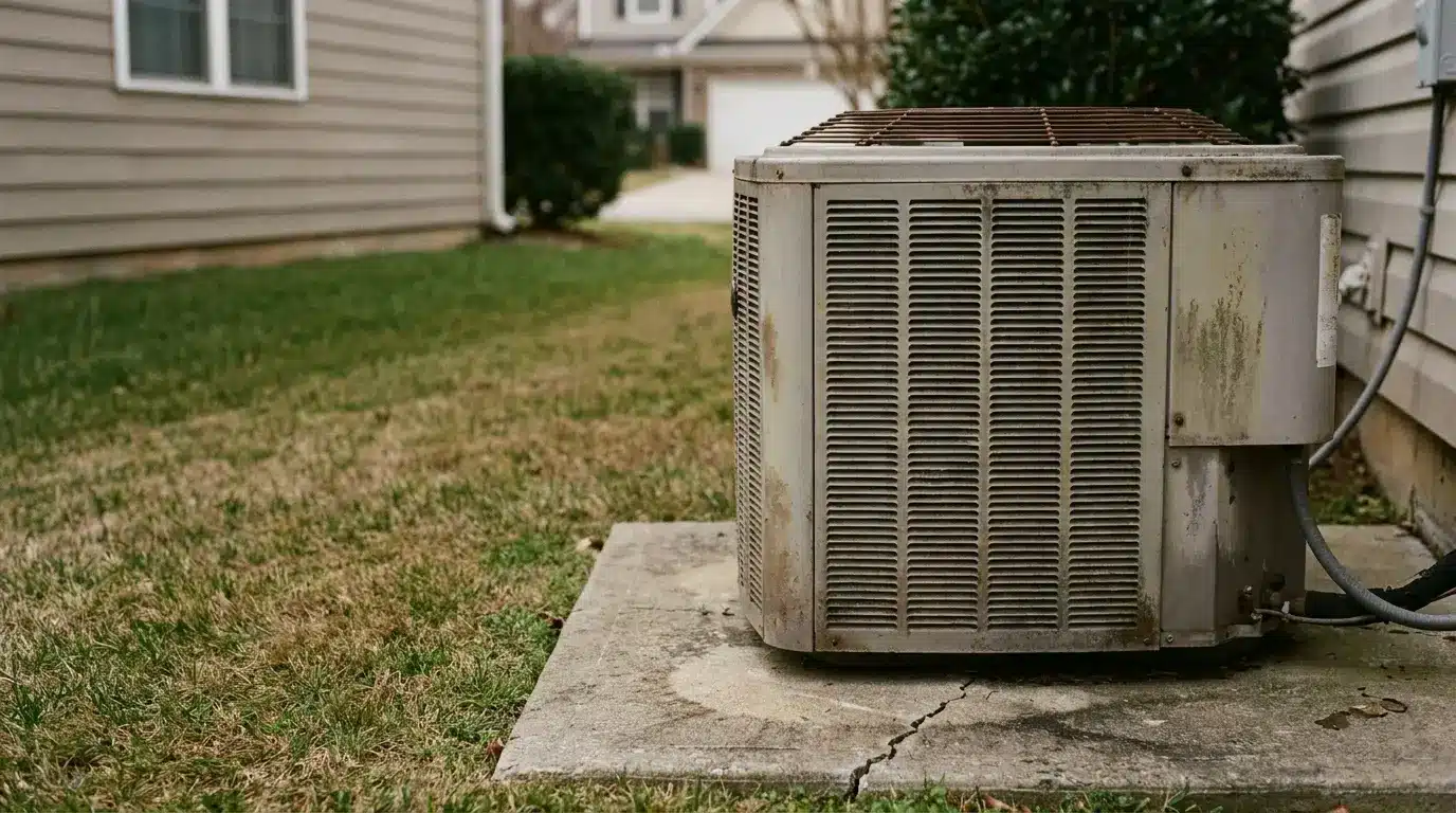 Outdoor HVAC unit on concrete slab beside house in residential yard setting