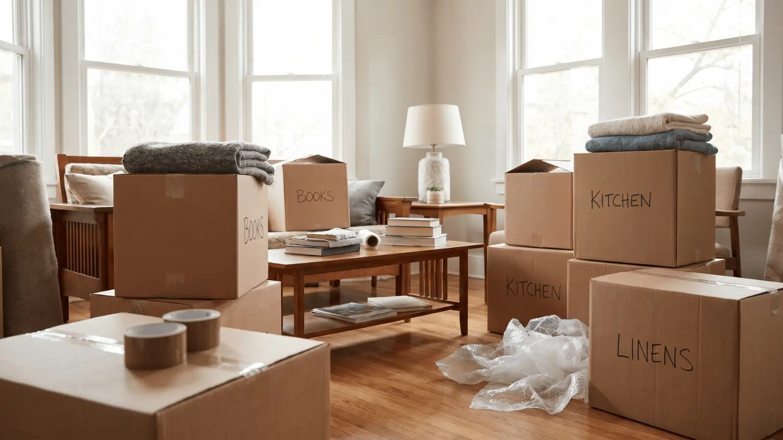 Labeled moving boxes and packing supplies arranged inside a living room during a home move