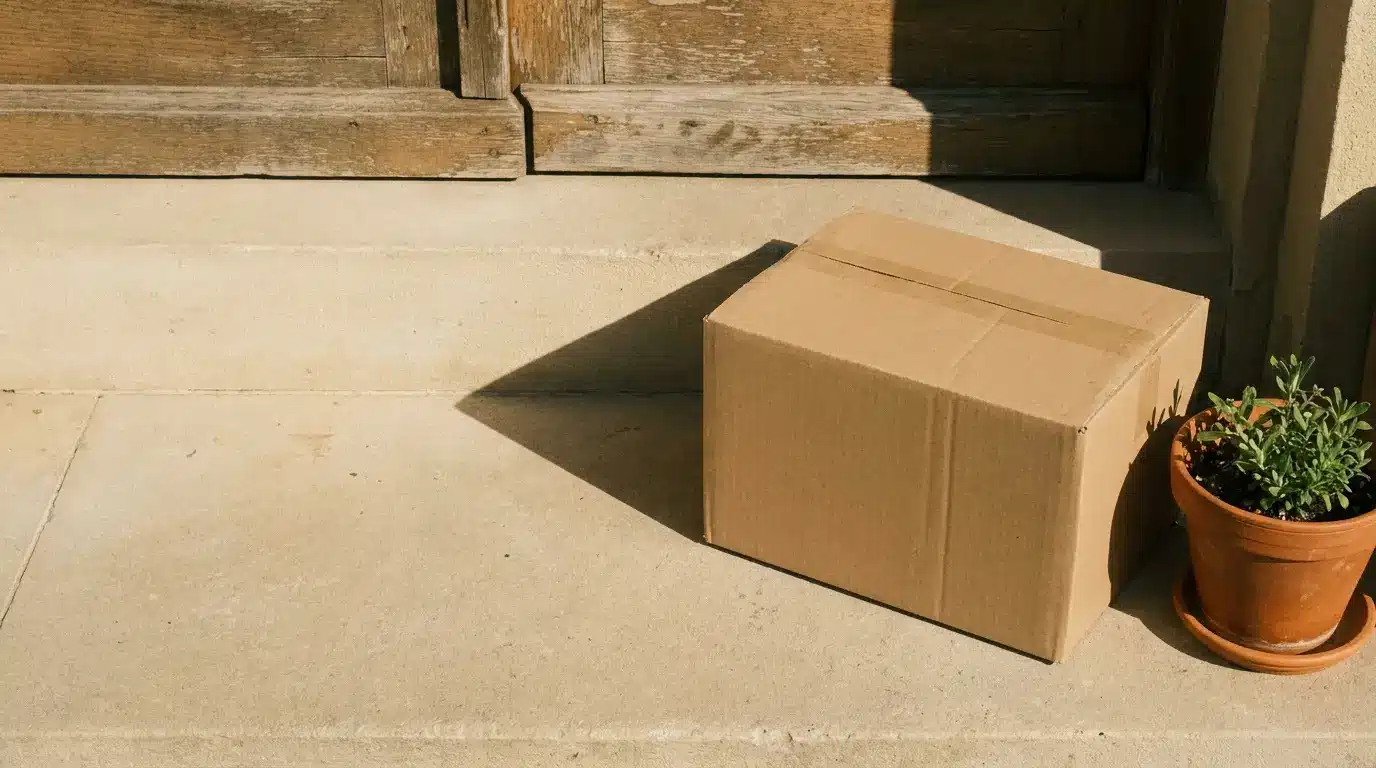 Cardboard package on doorstep next to small potted plant in sunlight