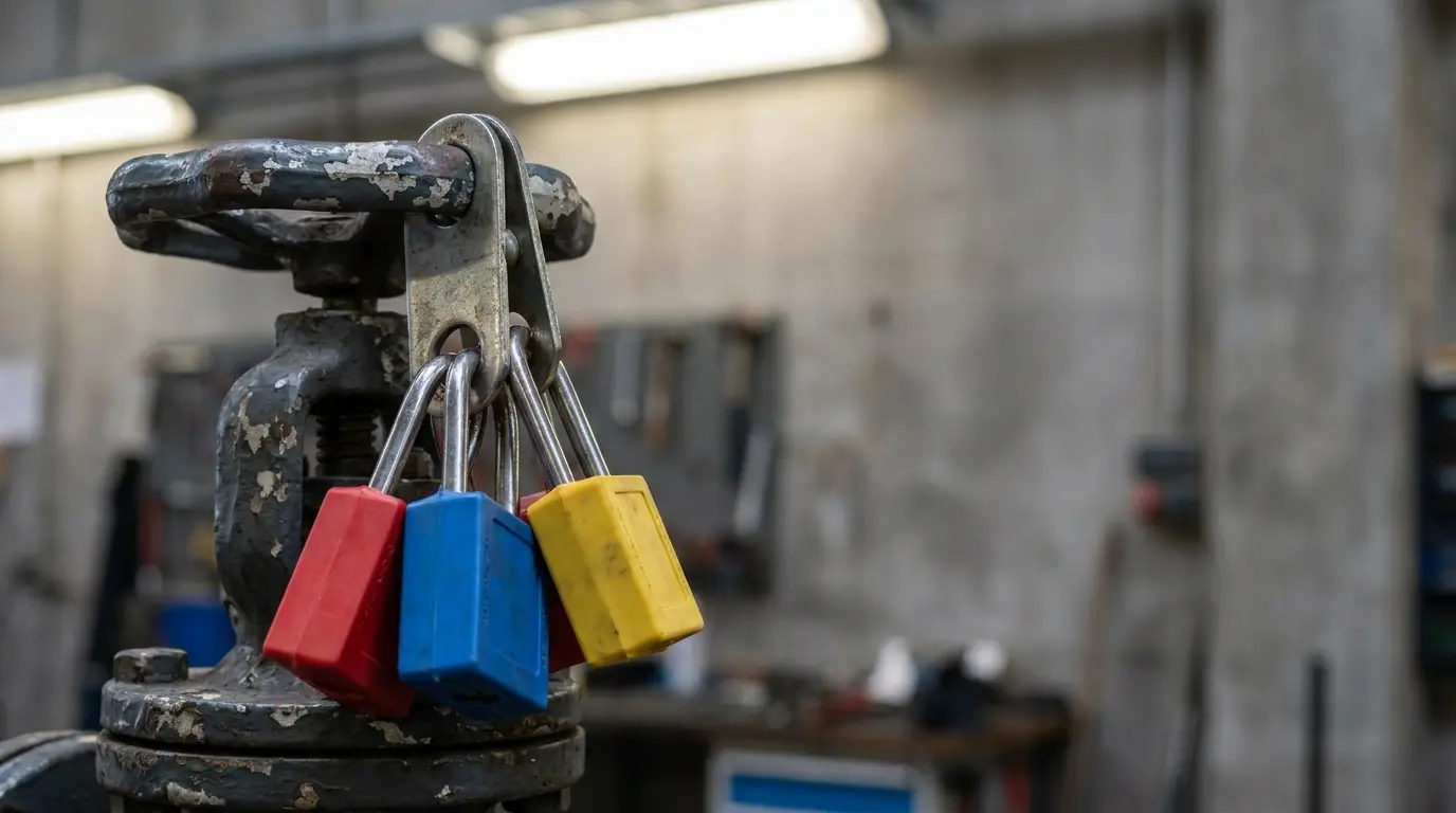 Old metal valve secured with red, blue, and yellow padlocks in industrial workshop setting