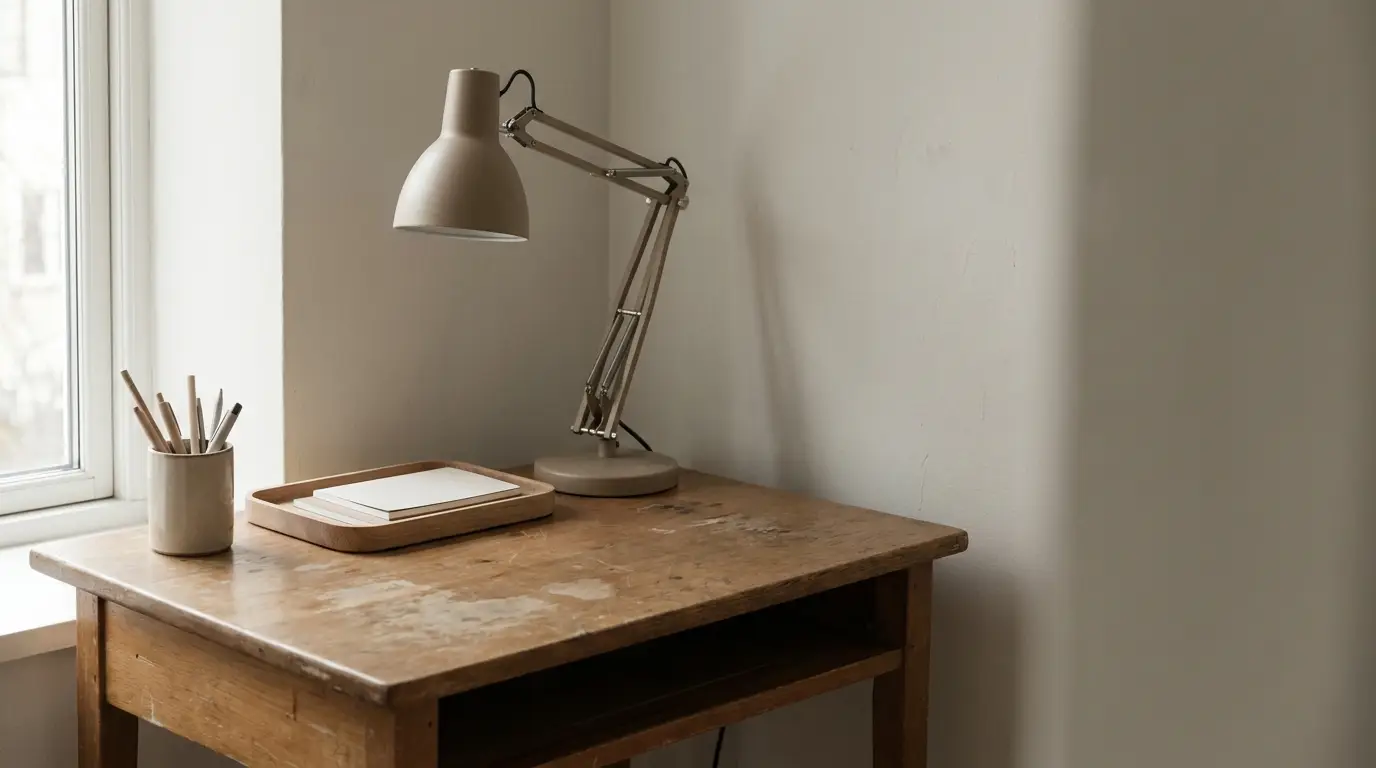 Desk with adjustable lamp, pencils in a cup, and tray on a sunny windowsill
