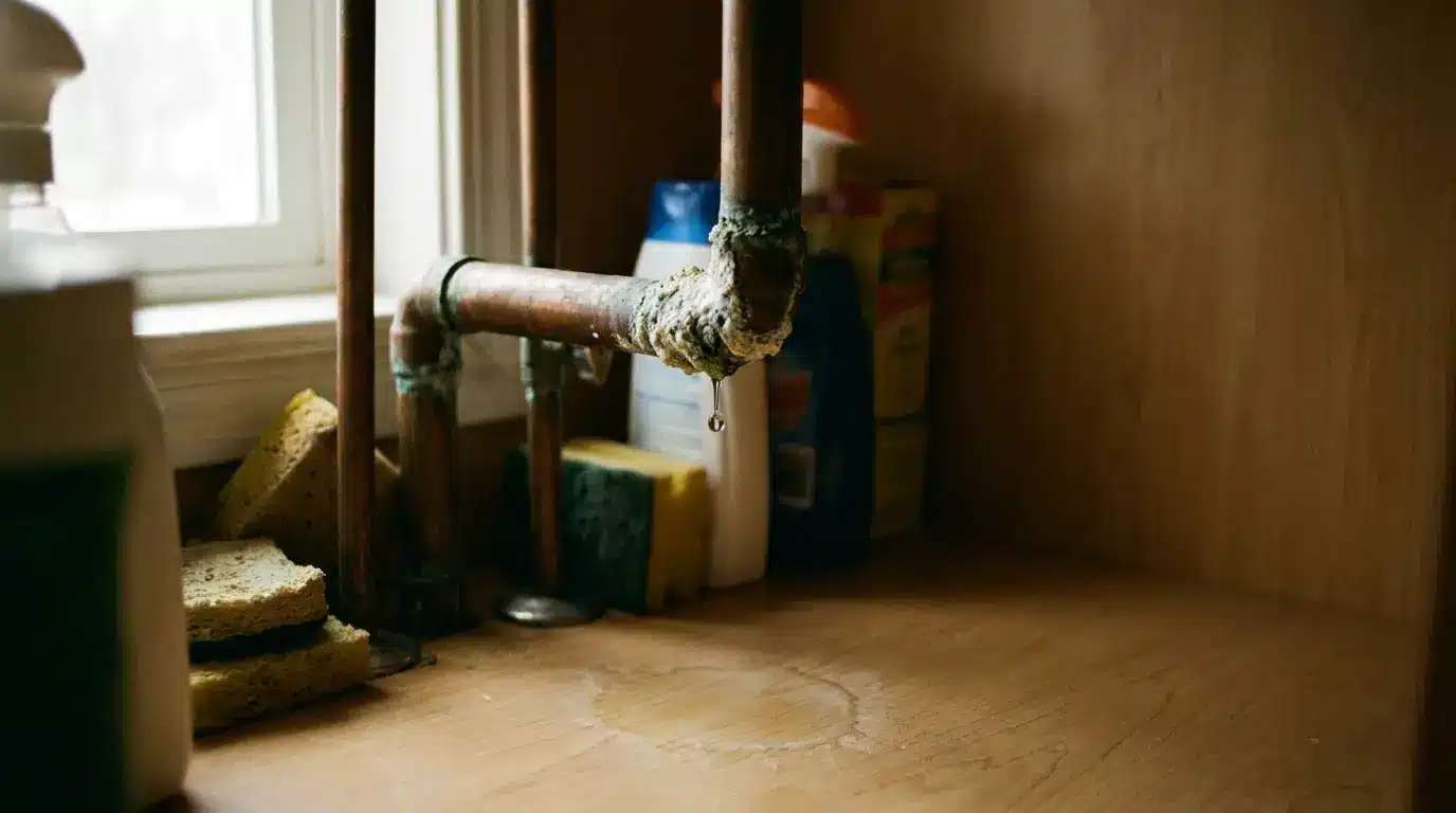 Leaking copper pipe under sink with cleaning supplies and sponges nearby