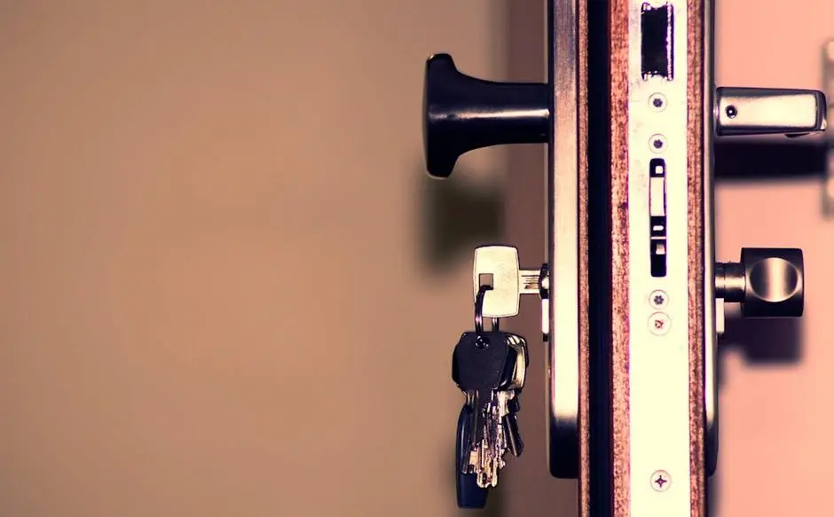 Keys hanging from a silver lock in a wooden door indoors