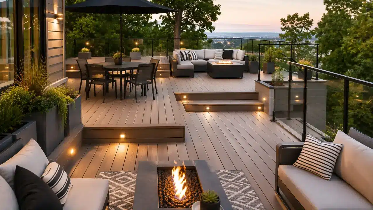 Modern outdoor deck with fire pit, sectional sofa, and dining table at sunset