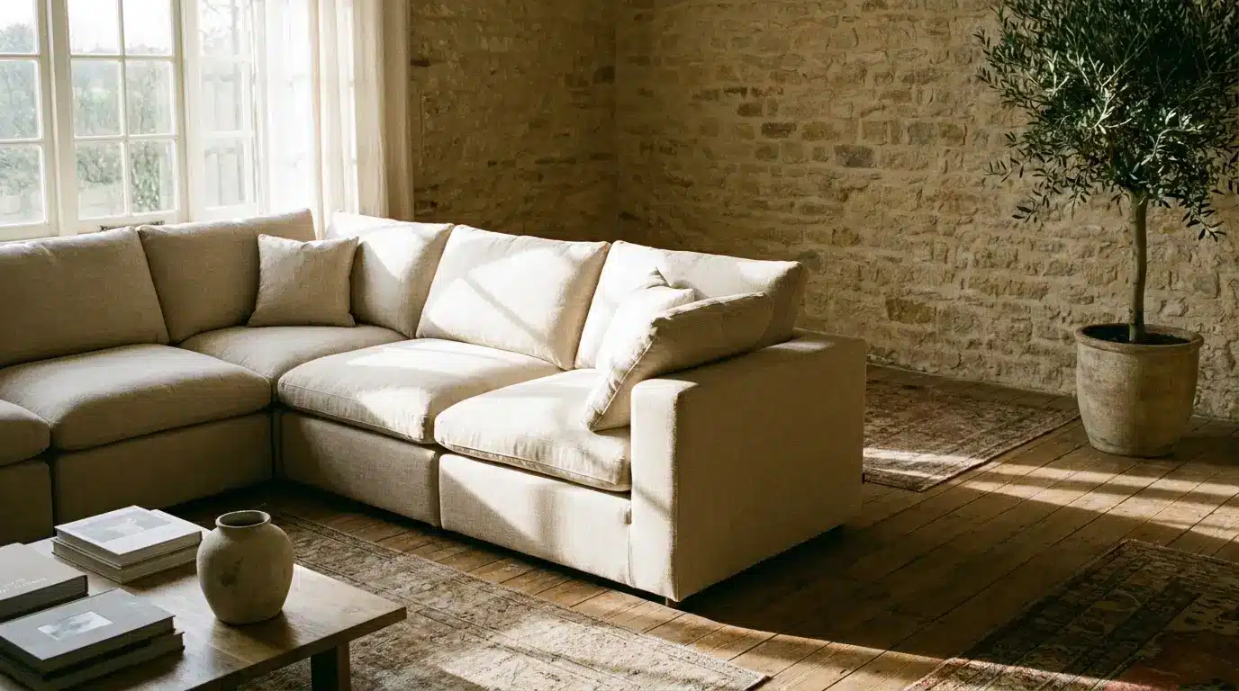 Beige sectional sofa in sunlit living room with stone walls and potted olive tree