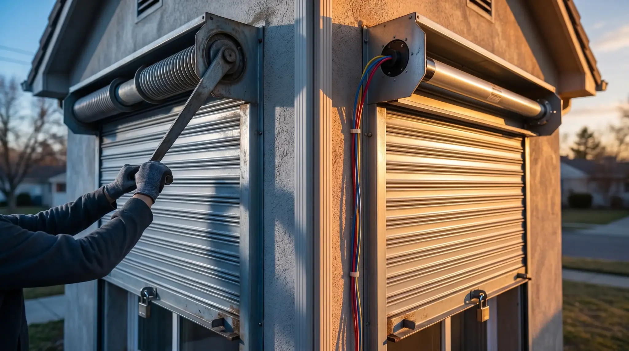 Retractable metal security shutters being repaired on a residential building during sunset
