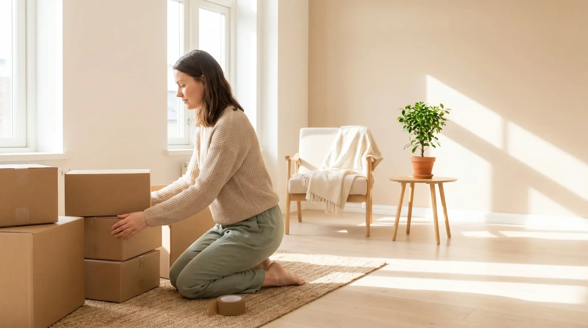 Woman organizing moving boxes in sunlit room with beige walls and wooden furniture