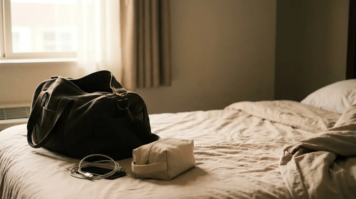 Duffel bag and toiletries on unmade bed in softly lit hotel room