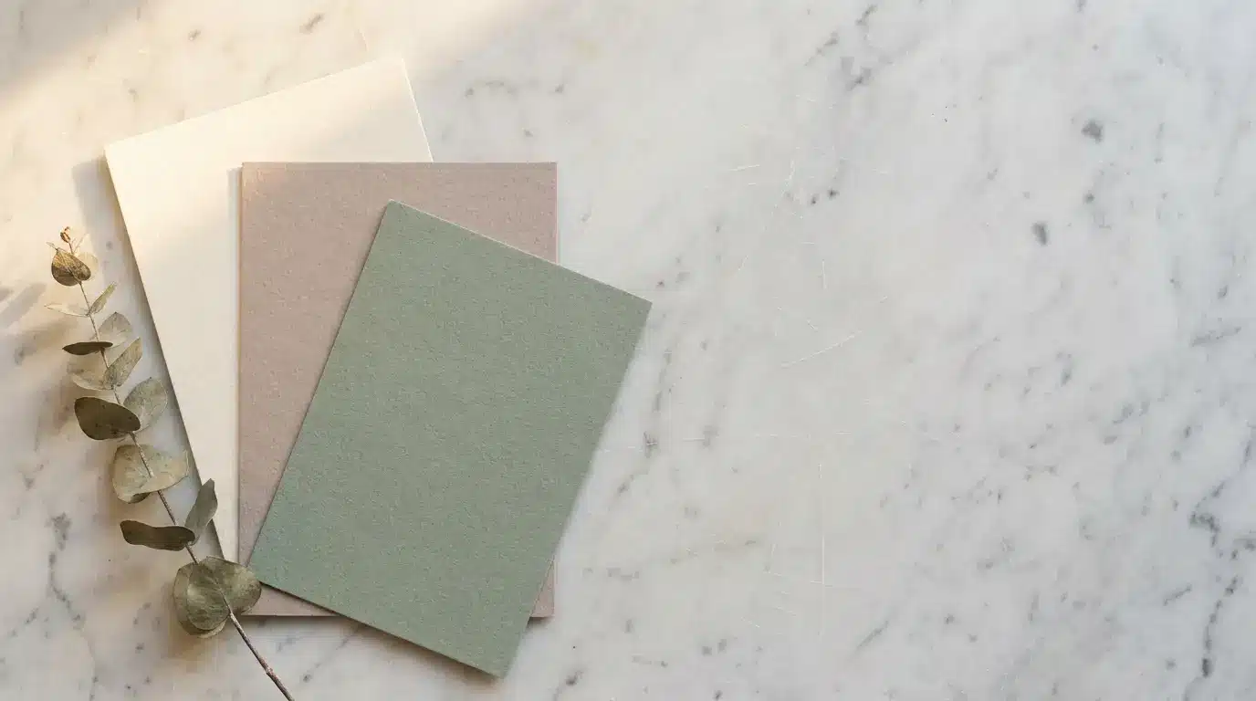 Three textured papers in beige, tan, and green on marble surface with eucalyptus sprig