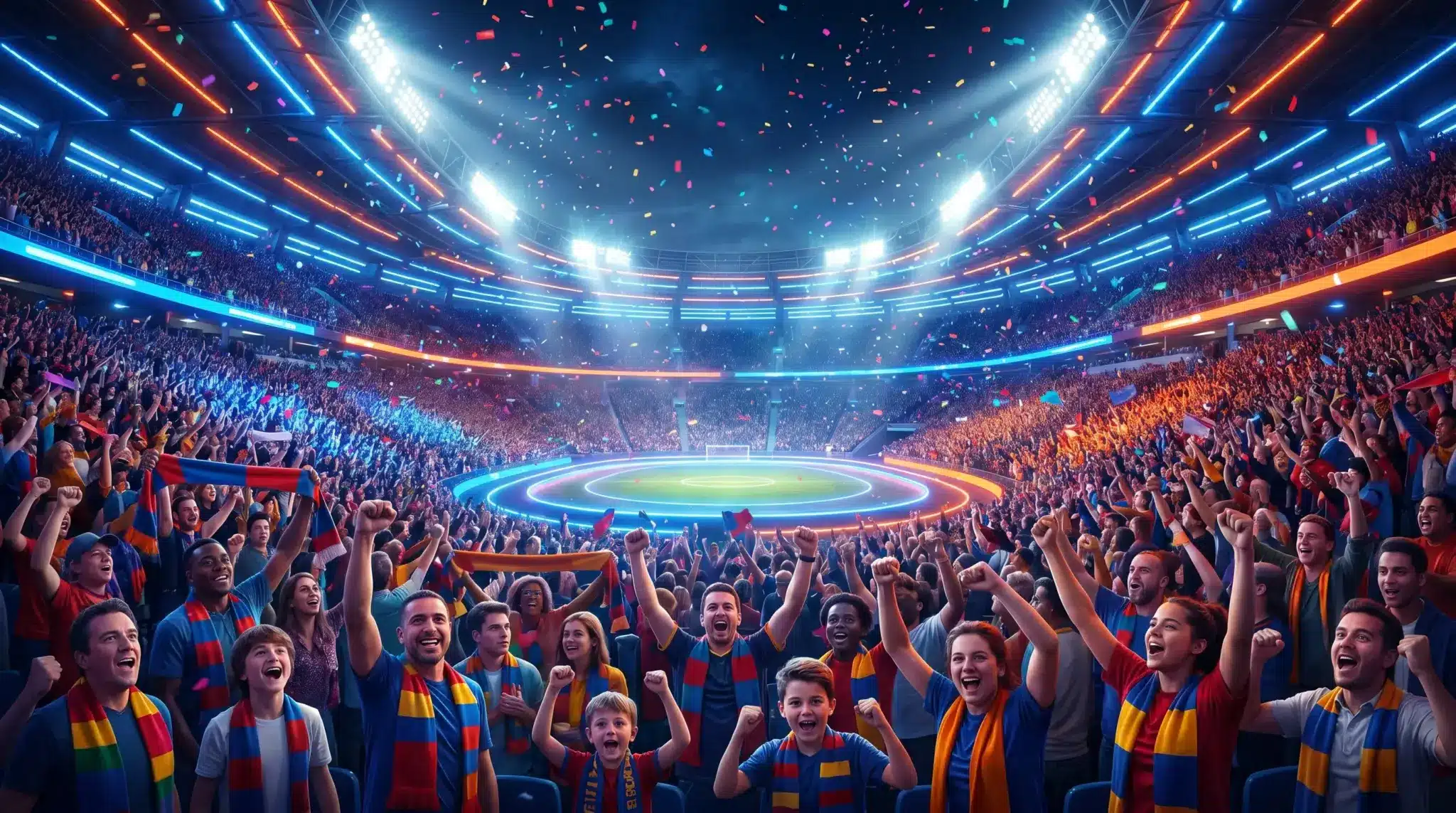 Enthusiastic crowd cheering in brightly lit sports stadium with confetti falling