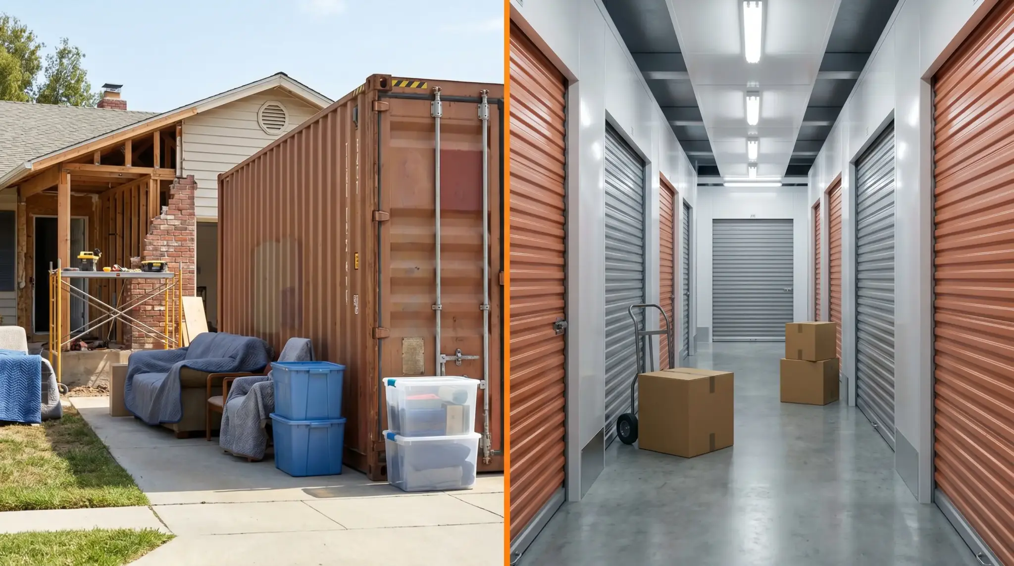 House under renovation with stacked furniture and storage container, contrasted with indoor storage unit hallway