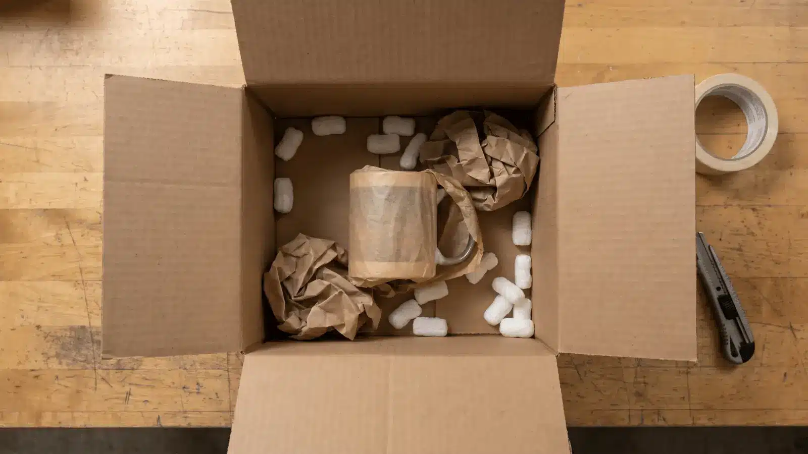 Open shipping box with poor cushioning and empty space around a fragile item