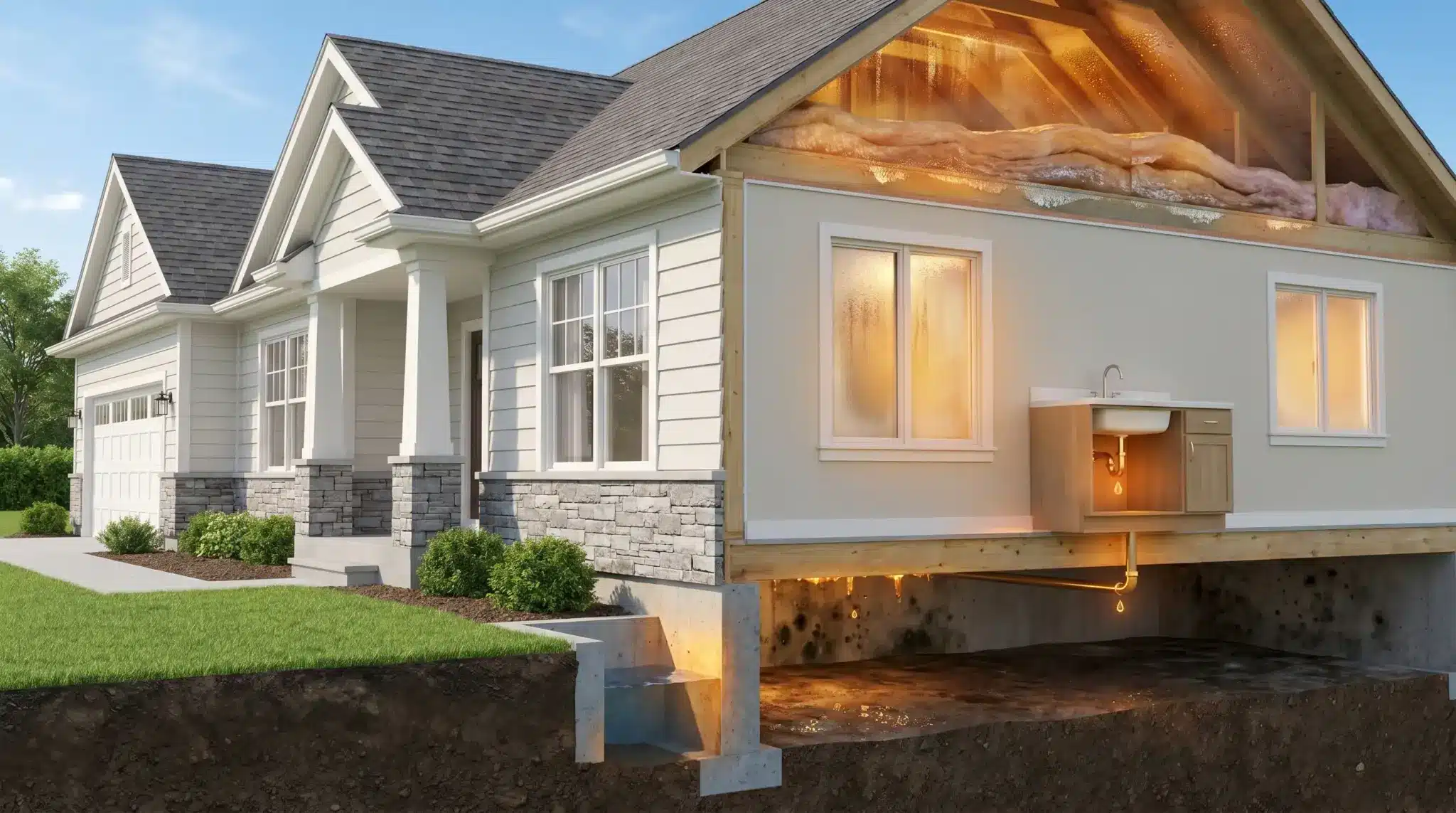 Cutaway view of house showing plumbing system with sink and drainage, insulated attic, and soil layers