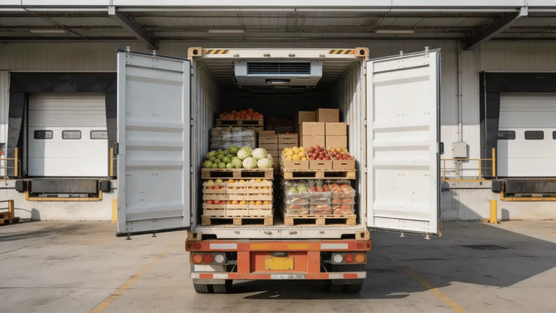 Pallets of food loaded inside an open reefer container