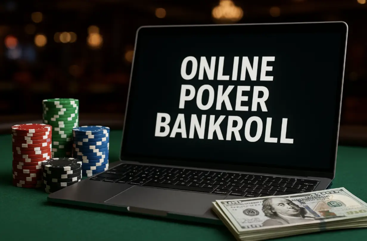 Laptop displaying "Online Poker Bankroll" with poker chips and cash on green table