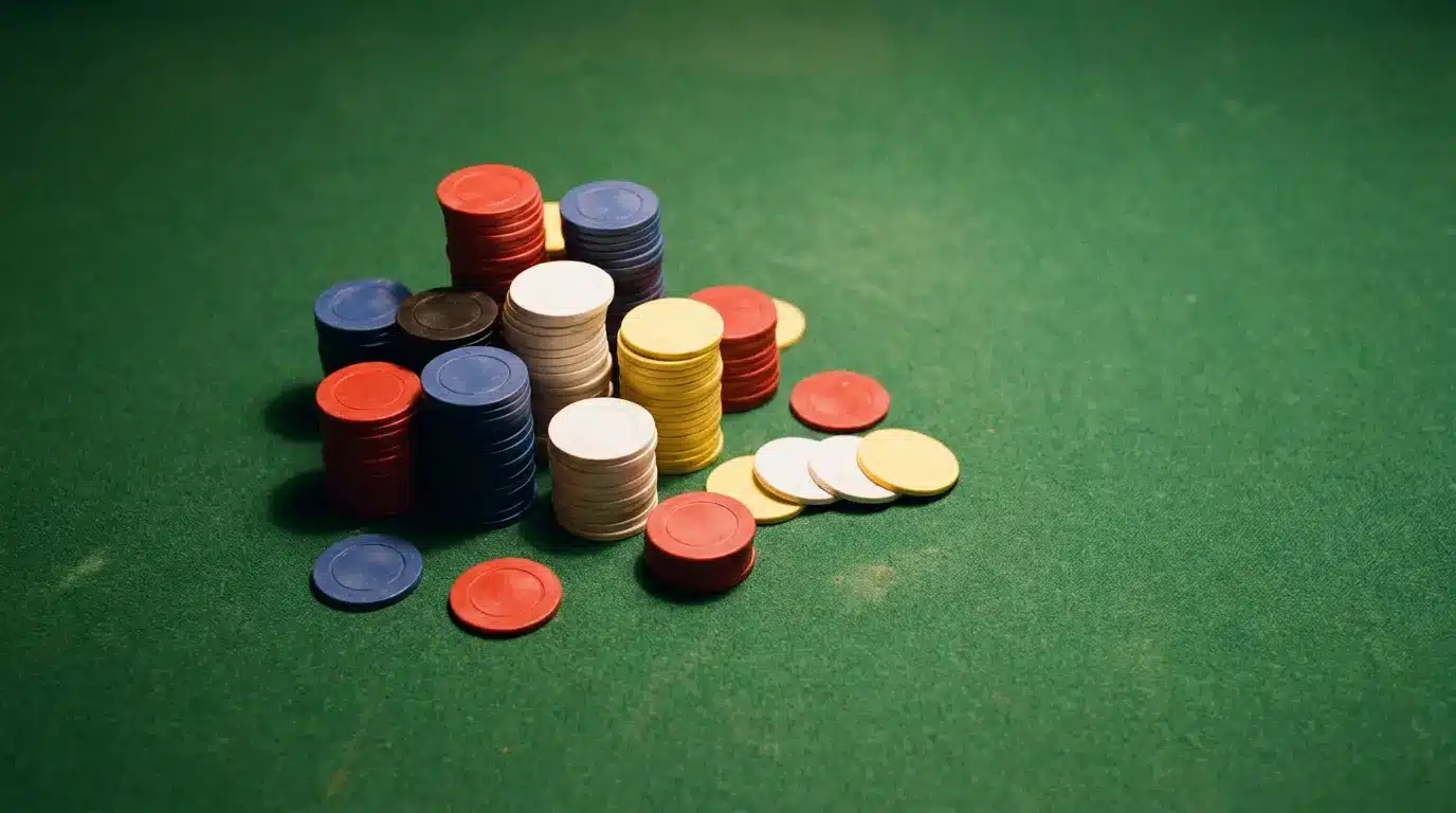 Stacks of multicolored poker chips on green felt surface