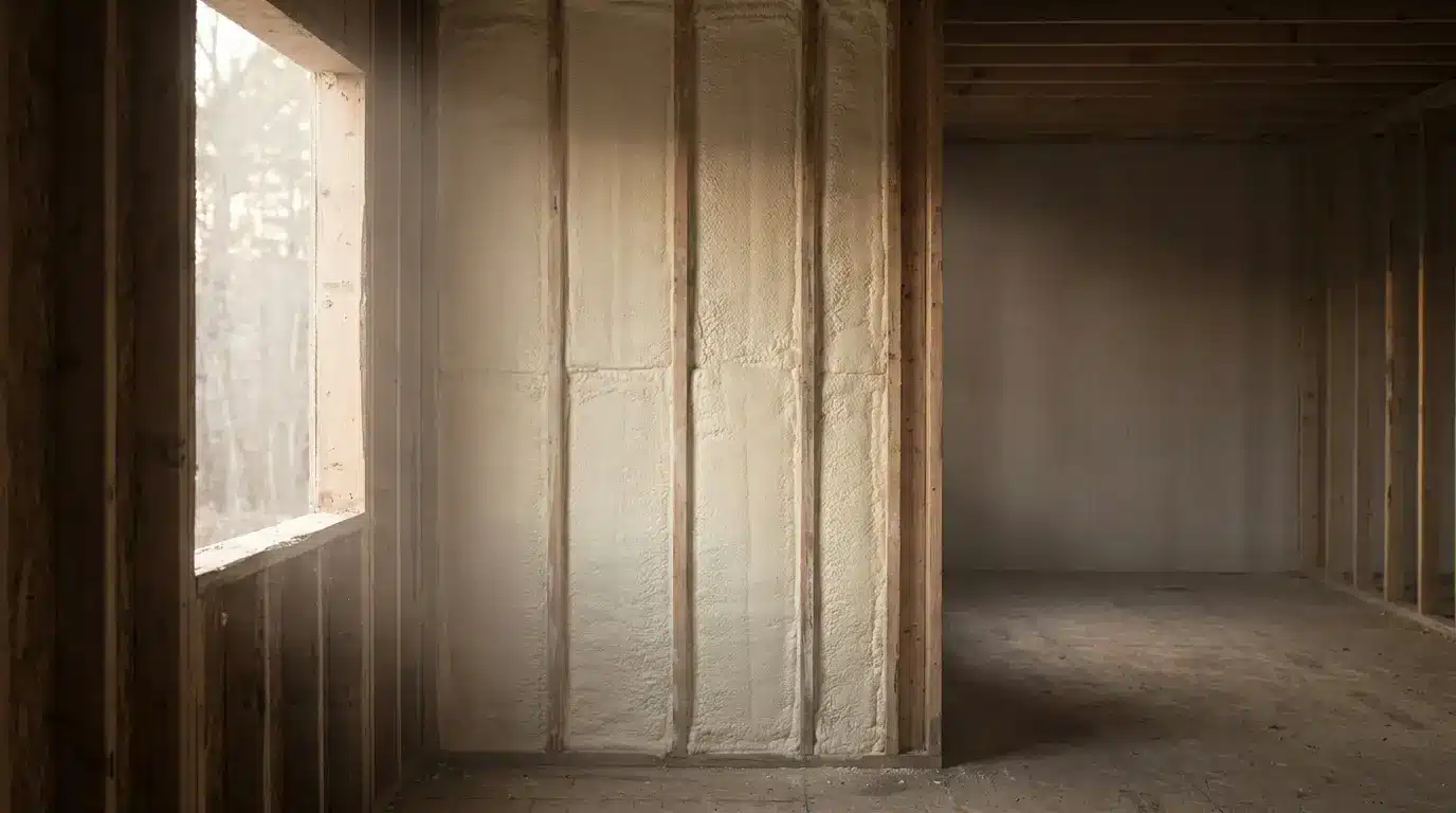 Unfinished room with spray foam insulation on wooden wall in soft natural light