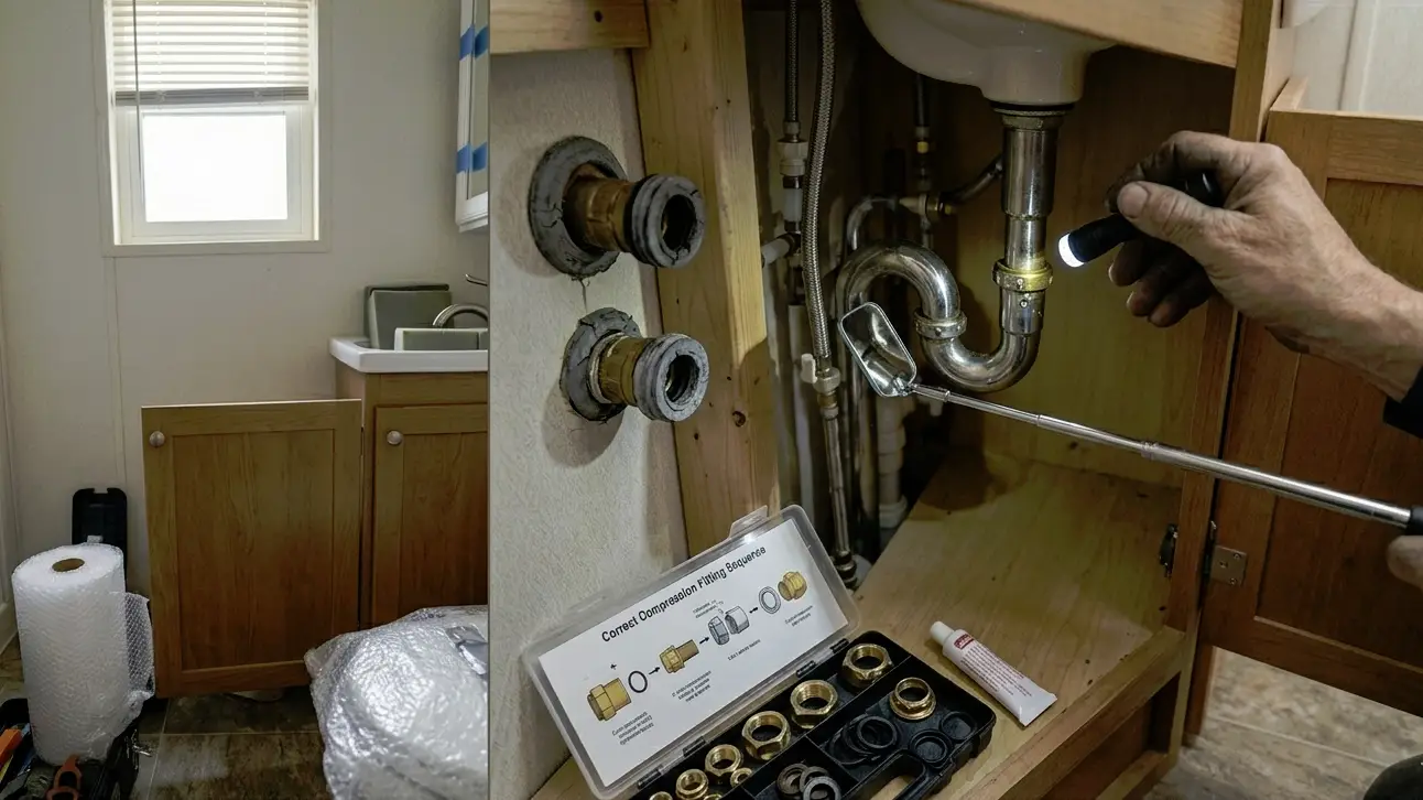 Plumber working on sink pipes in a bathroom with tools and fittings nearby