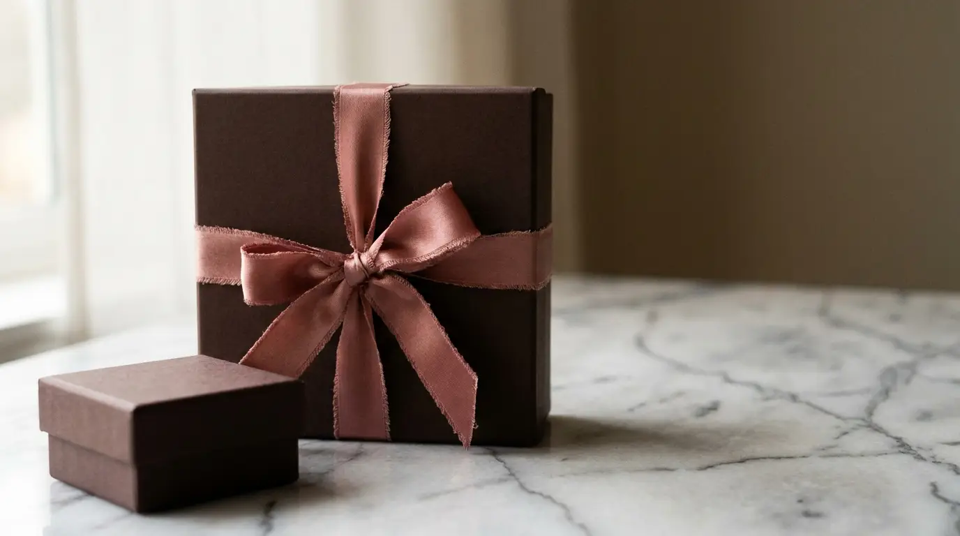 Dark gift box with pink ribbon on marble surface in soft natural light