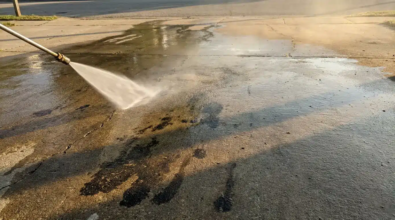 Pressure washer cleaning concrete driveway under warm sunlight