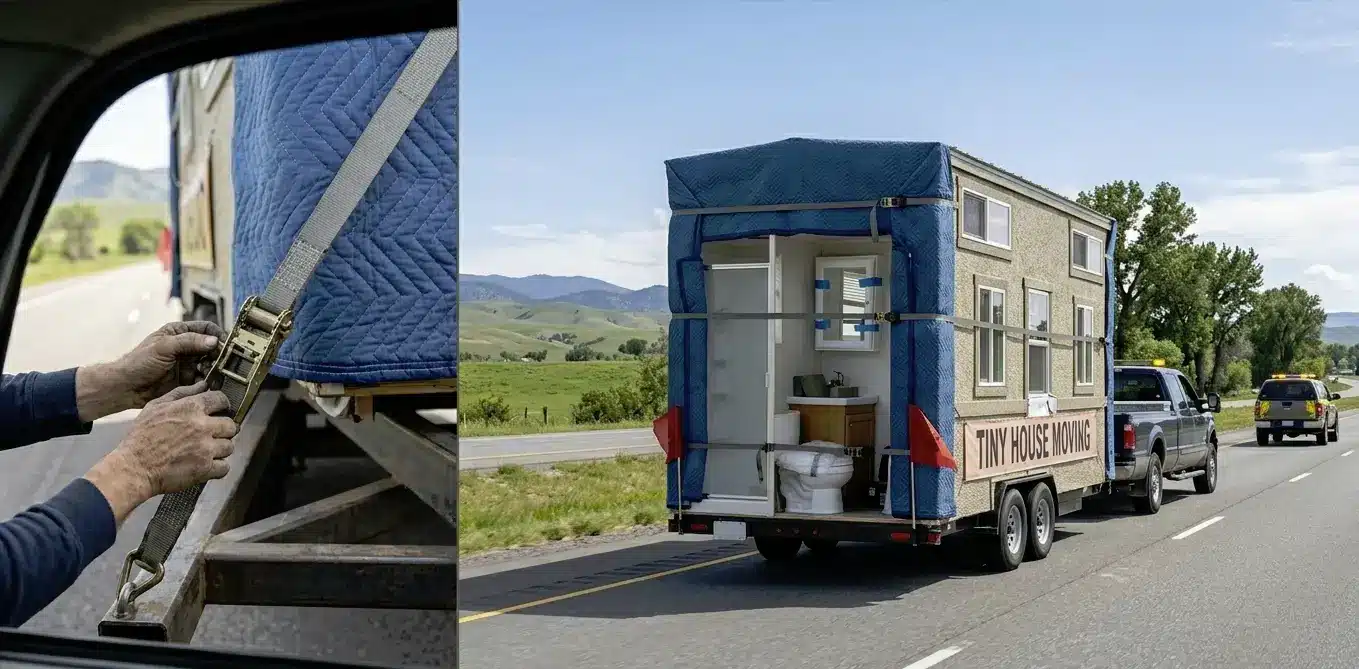 Tiny house on trailer moving down highway with visible bathroom interior and safety straps
