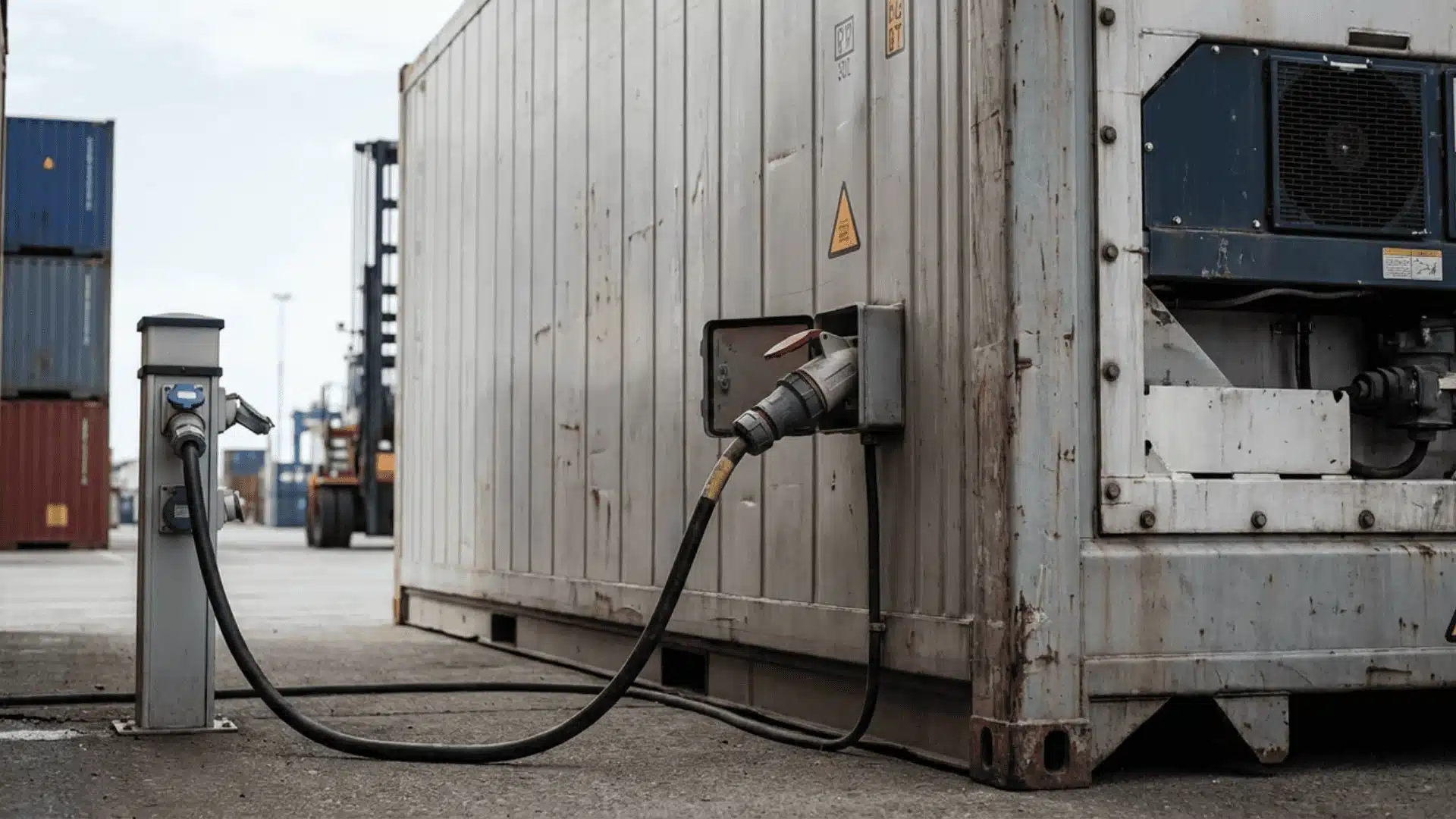 Reefer container connected to external power supply with cable
