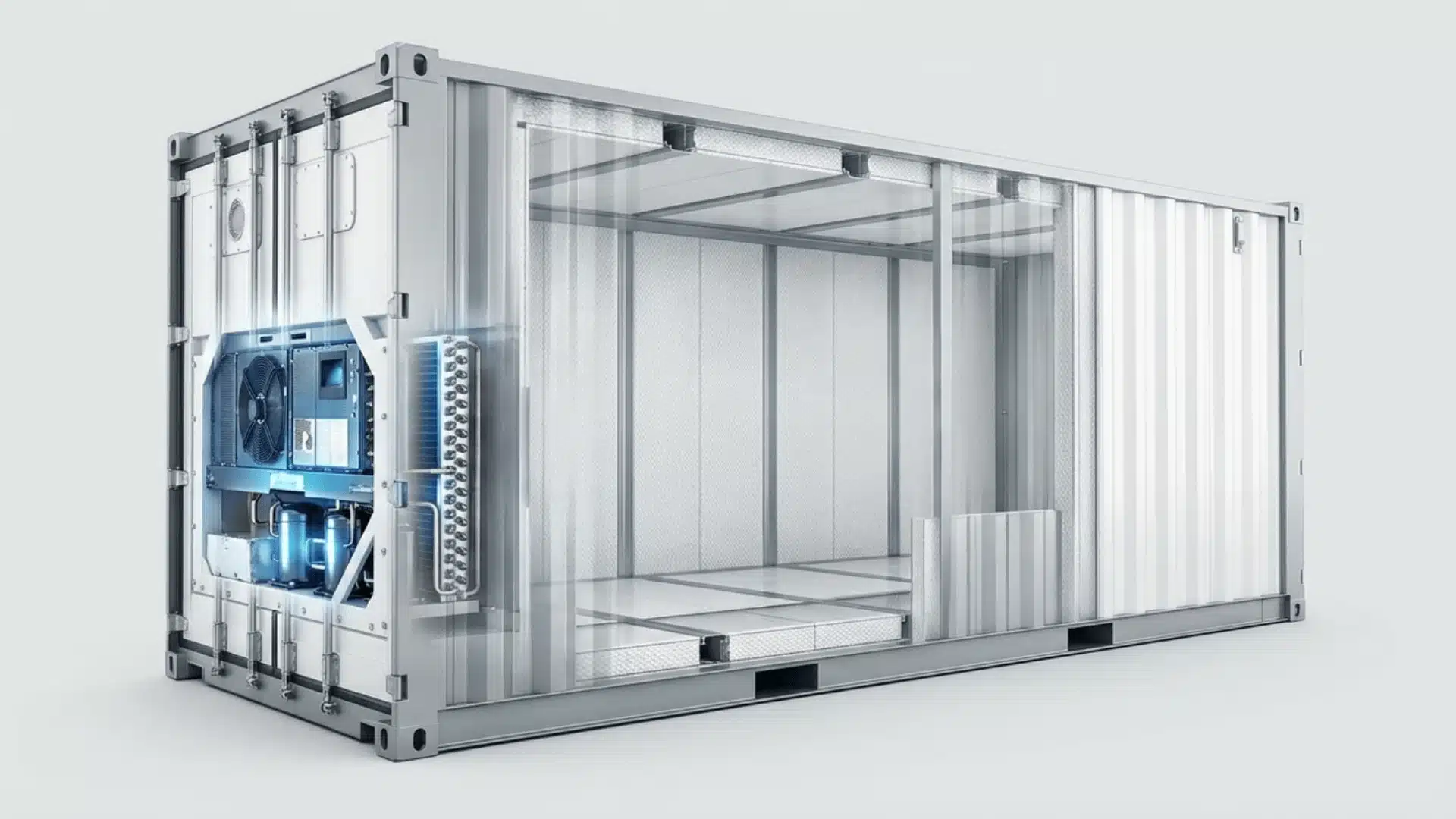 Reefer container with visible cooling unit and insulated walls
