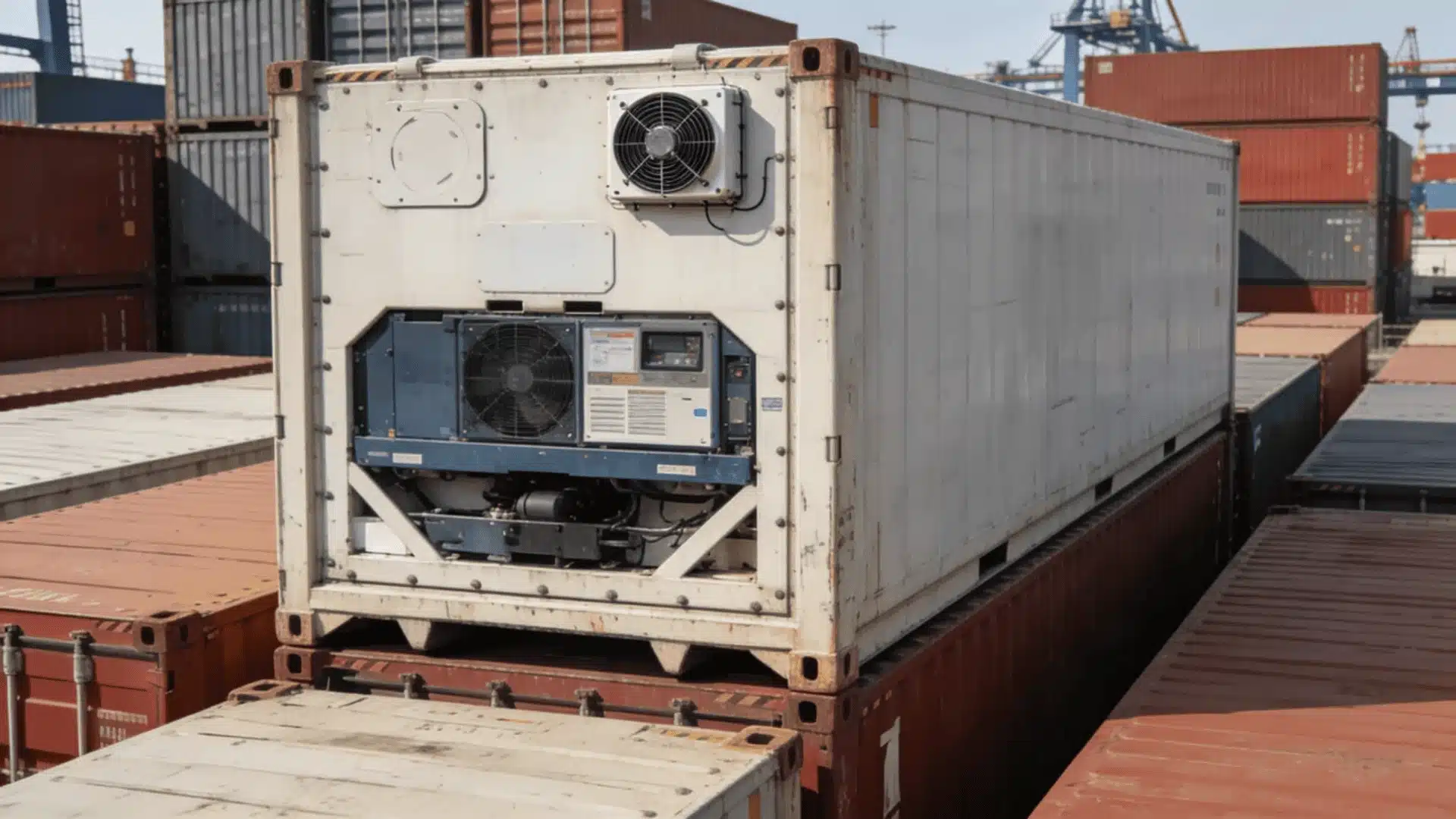 Refrigerated shipping containers stacked at a port with visible cooling units