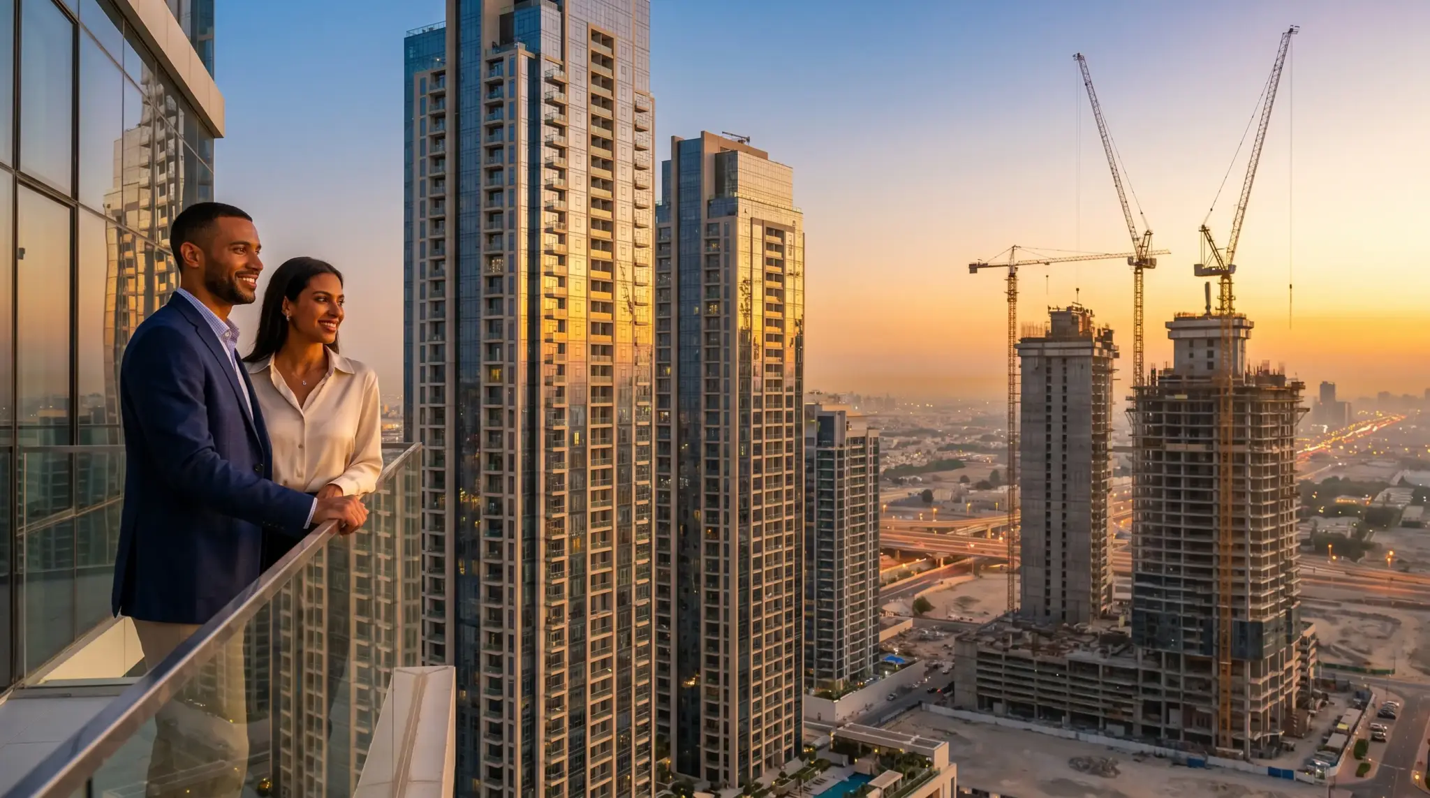 Couple on balcony overlooking skyscrapers and construction site at sunset in urban cityscape