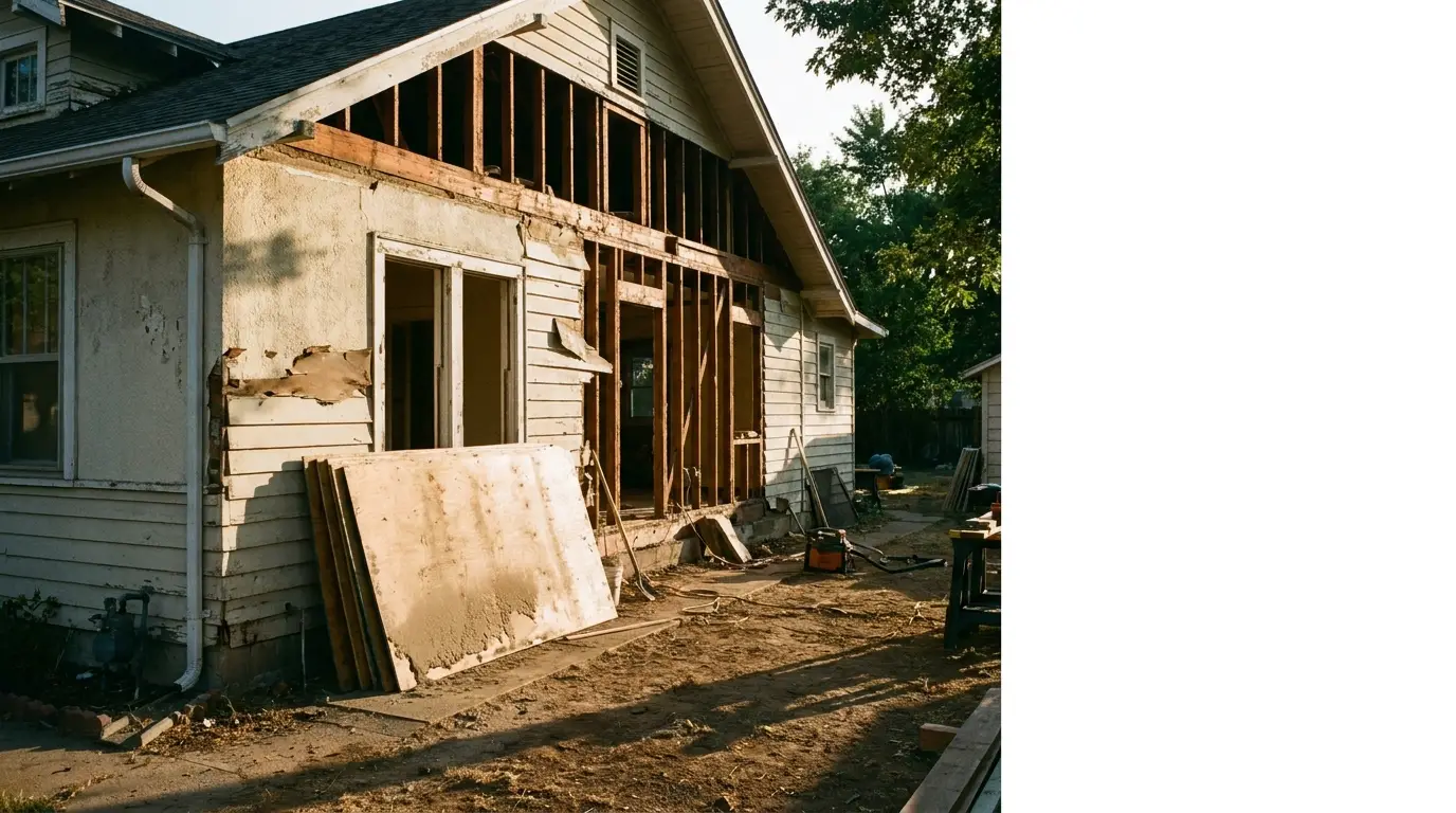 House under renovation with exposed wooden beams and construction materials in sunny yard