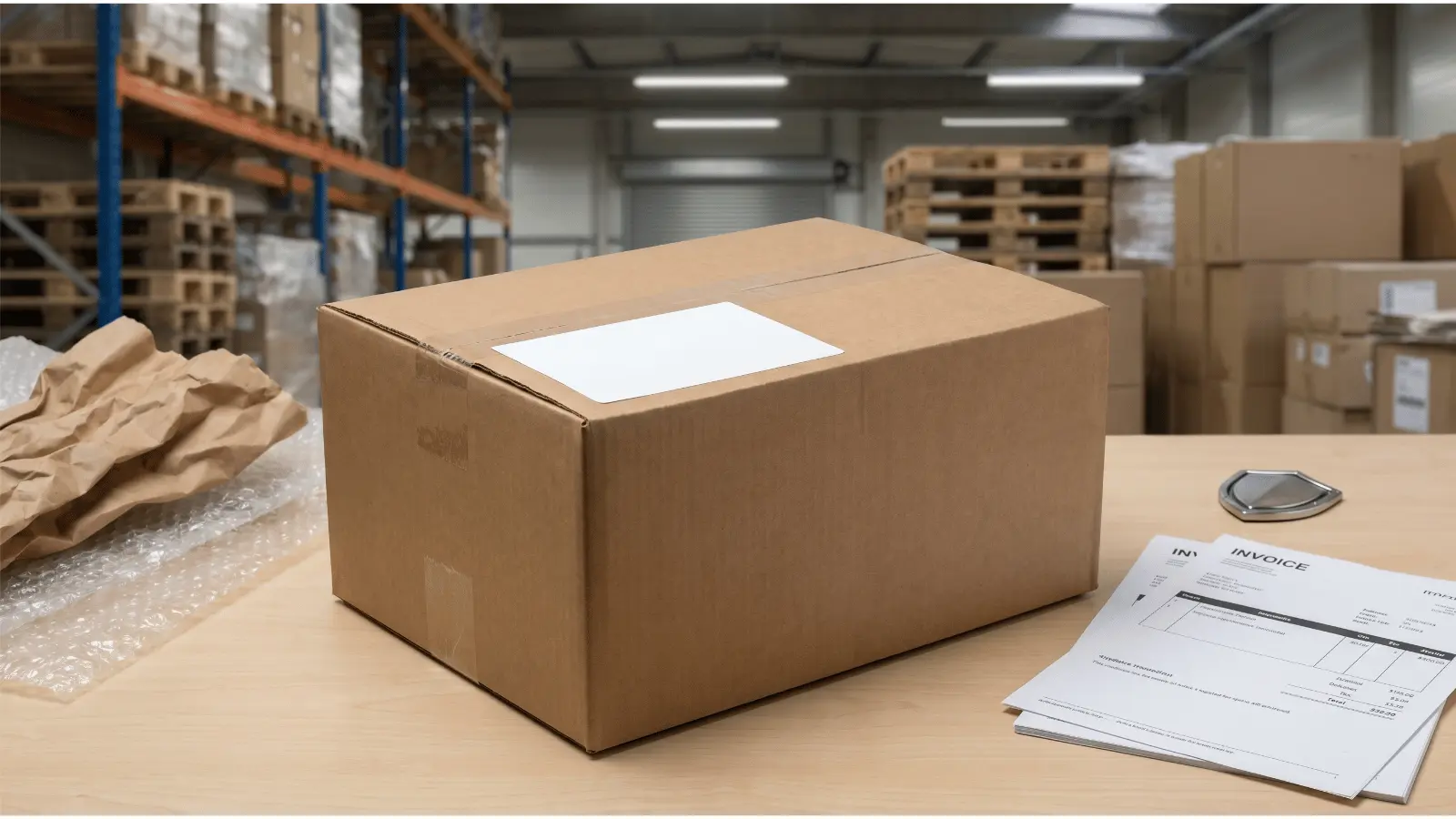Sealed shipping box with packing materials and paperwork on a warehouse desk