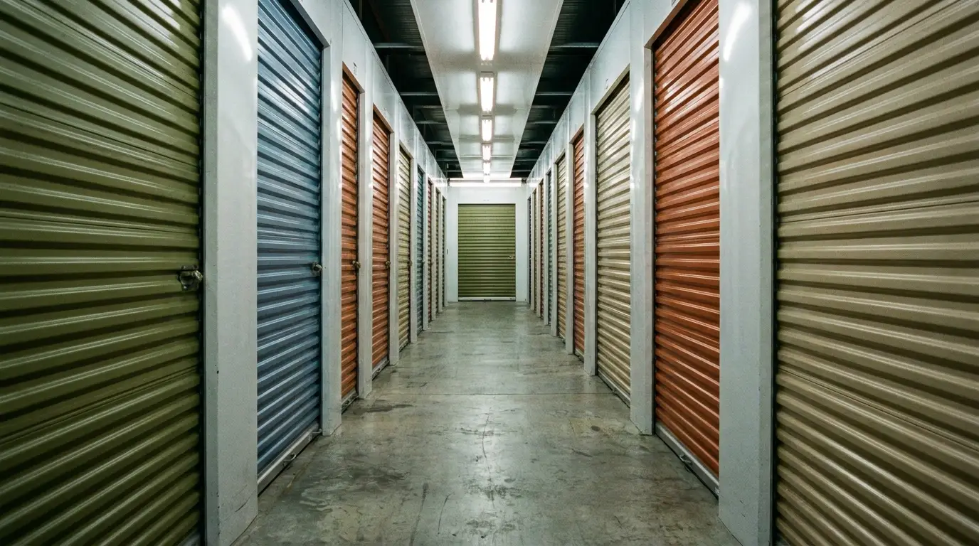 Indoor corridor of storage units with colorful roll-up doors and overhead fluorescent lighting