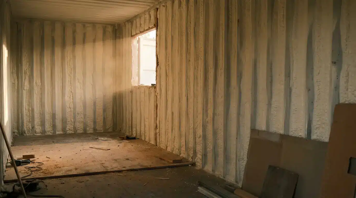 Interior of an empty container with insulation and scattered construction materials under soft lighting