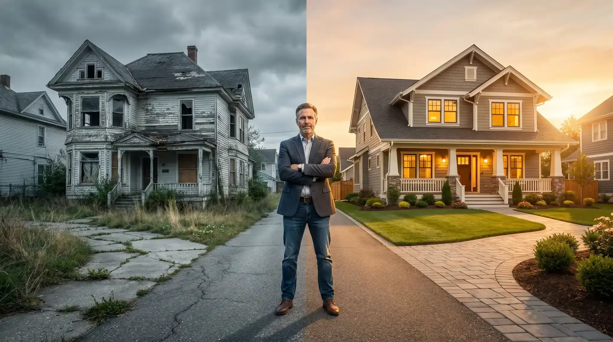 Man standing between a dilapidated house and a renovated home on a divided street