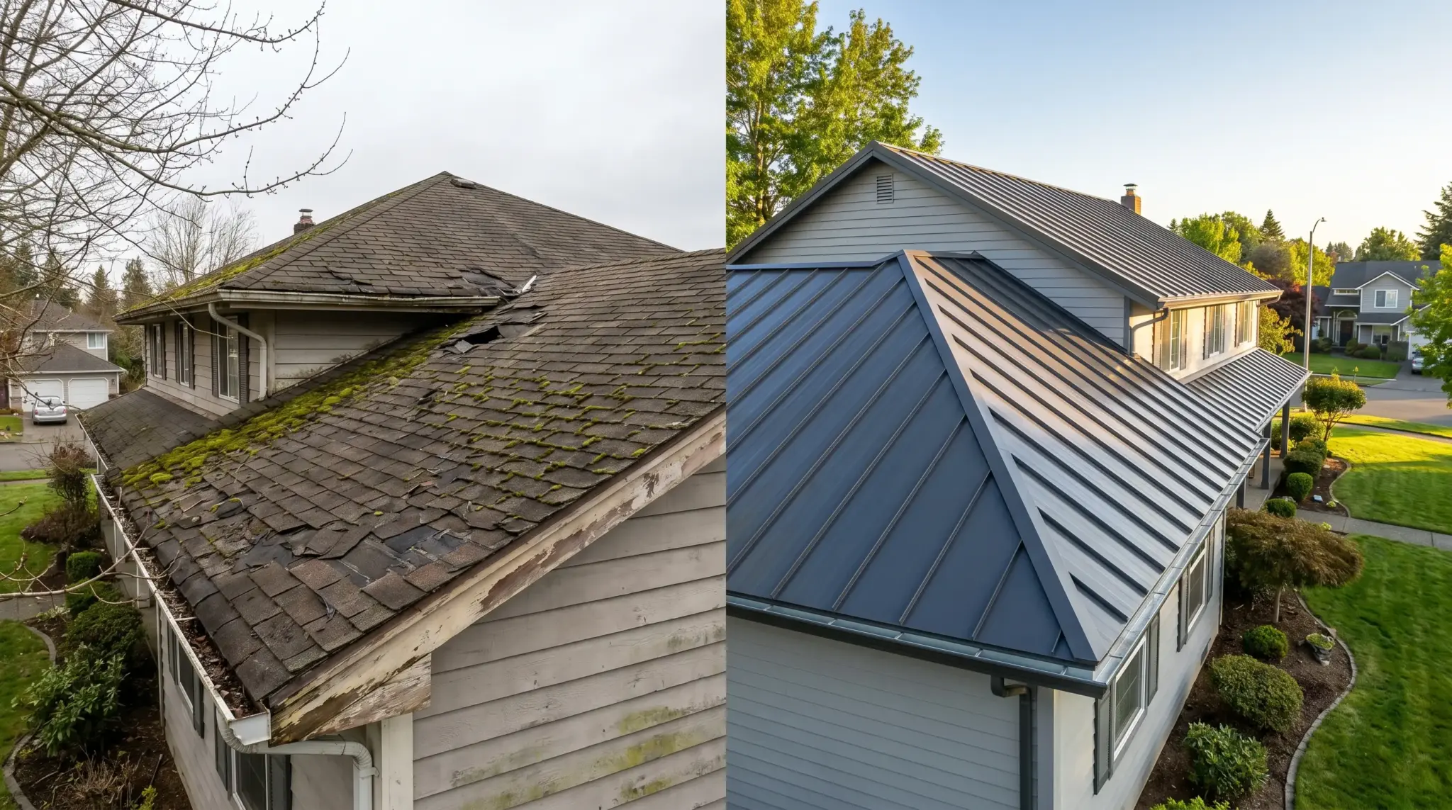 Split image showing old mossy shingle roof beside new metal roof under clear sky