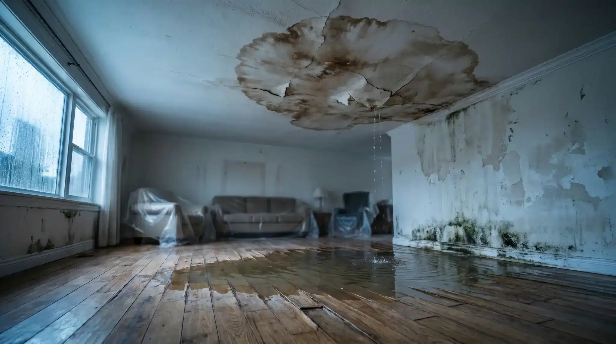 Water dripping from stained ceiling onto wooden floor in dimly lit room with moldy walls