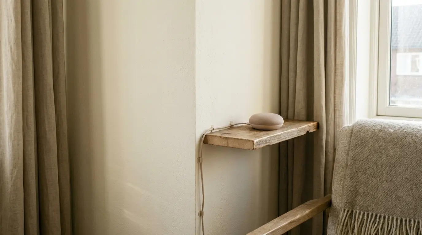 Smart speaker on rustic wooden shelf near beige curtains in cozy living room corner