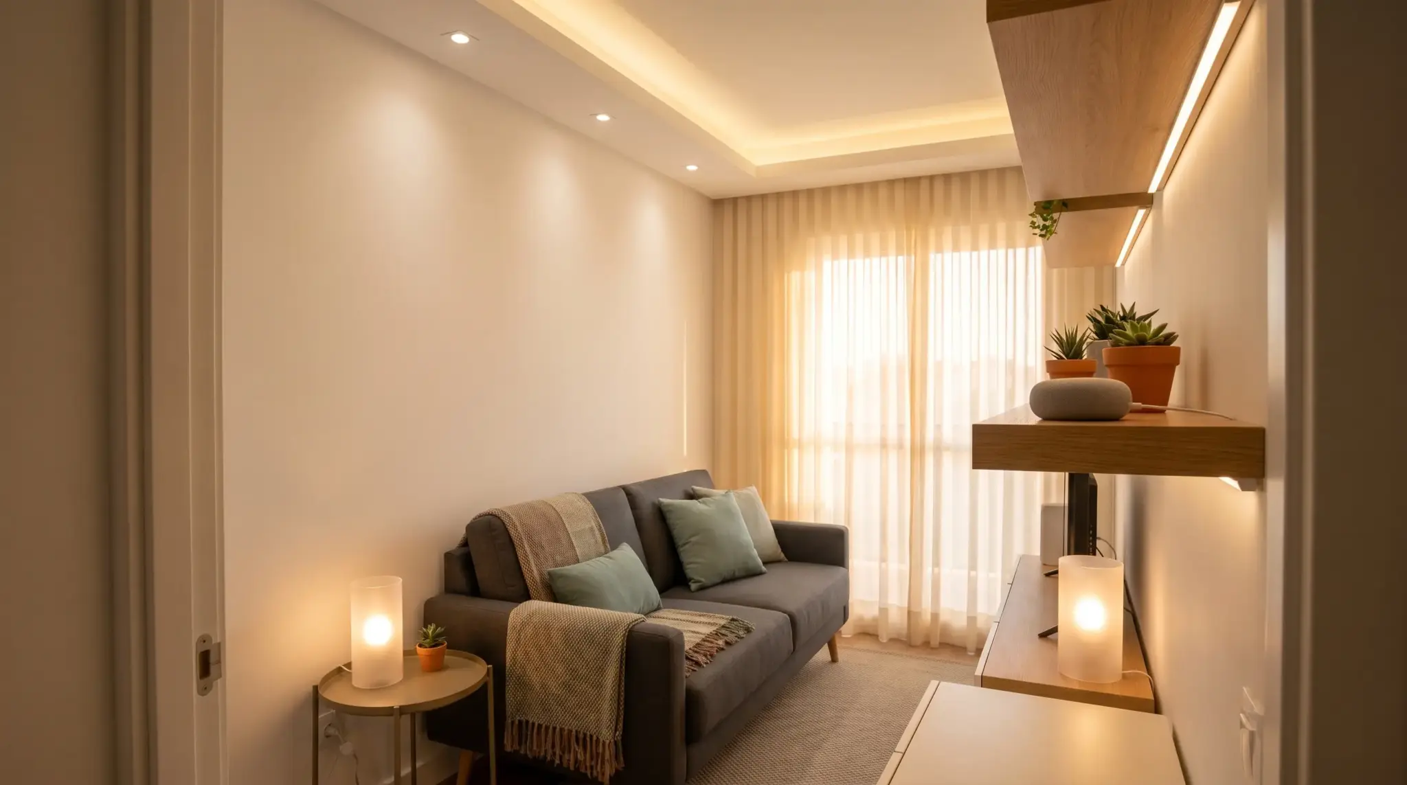 Cozy living room with gray sofa, warm lighting, and potted plants on wooden shelves