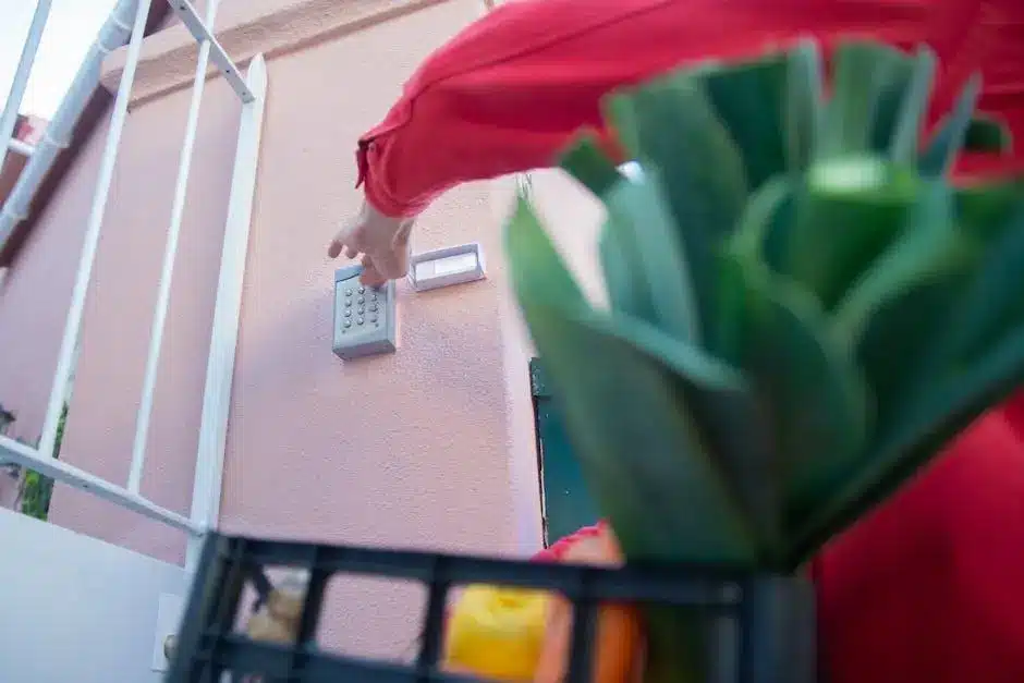 Person in red entering gate code while holding a crate of vegetables